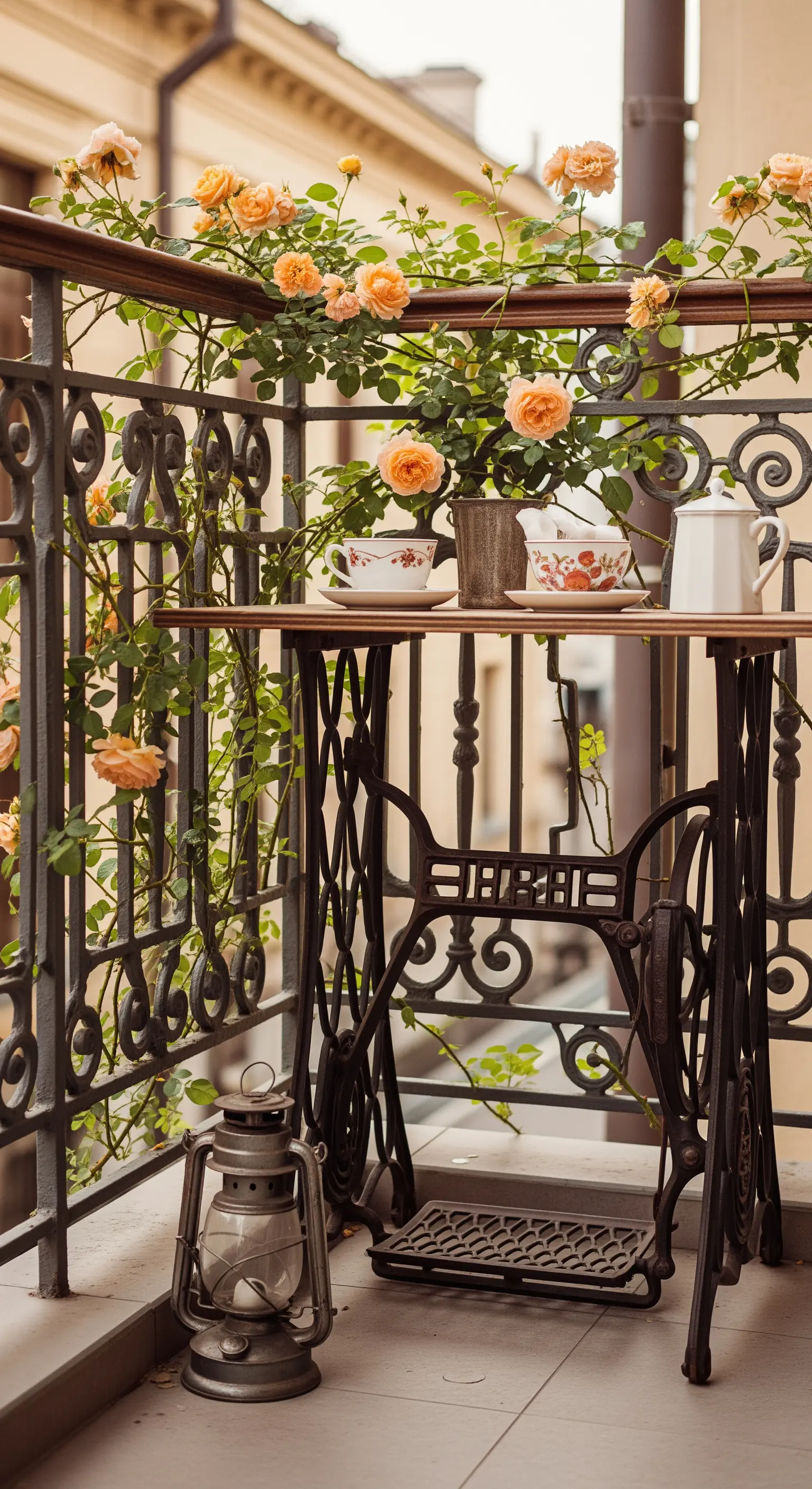 Tavolo da balcone realizzato con il basamento di una vecchia macchina da cucire