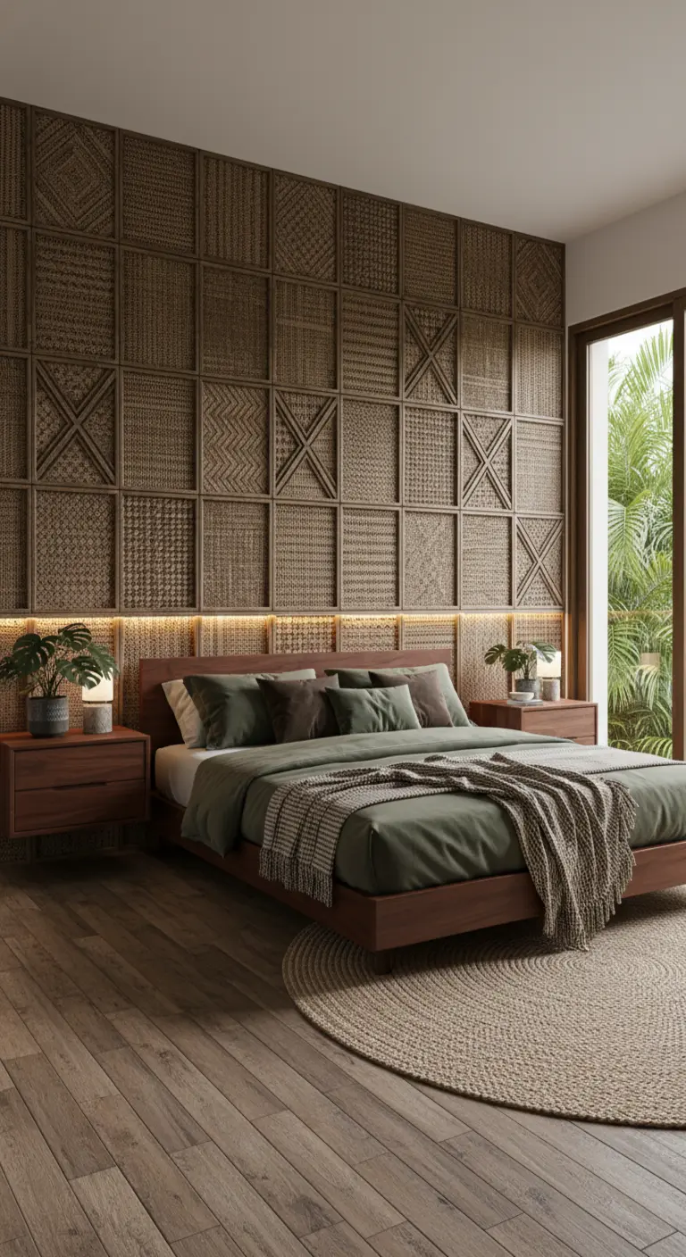 Parete dietro al letto rivestita con pannelli quadrati in fibra naturale intrecciata.