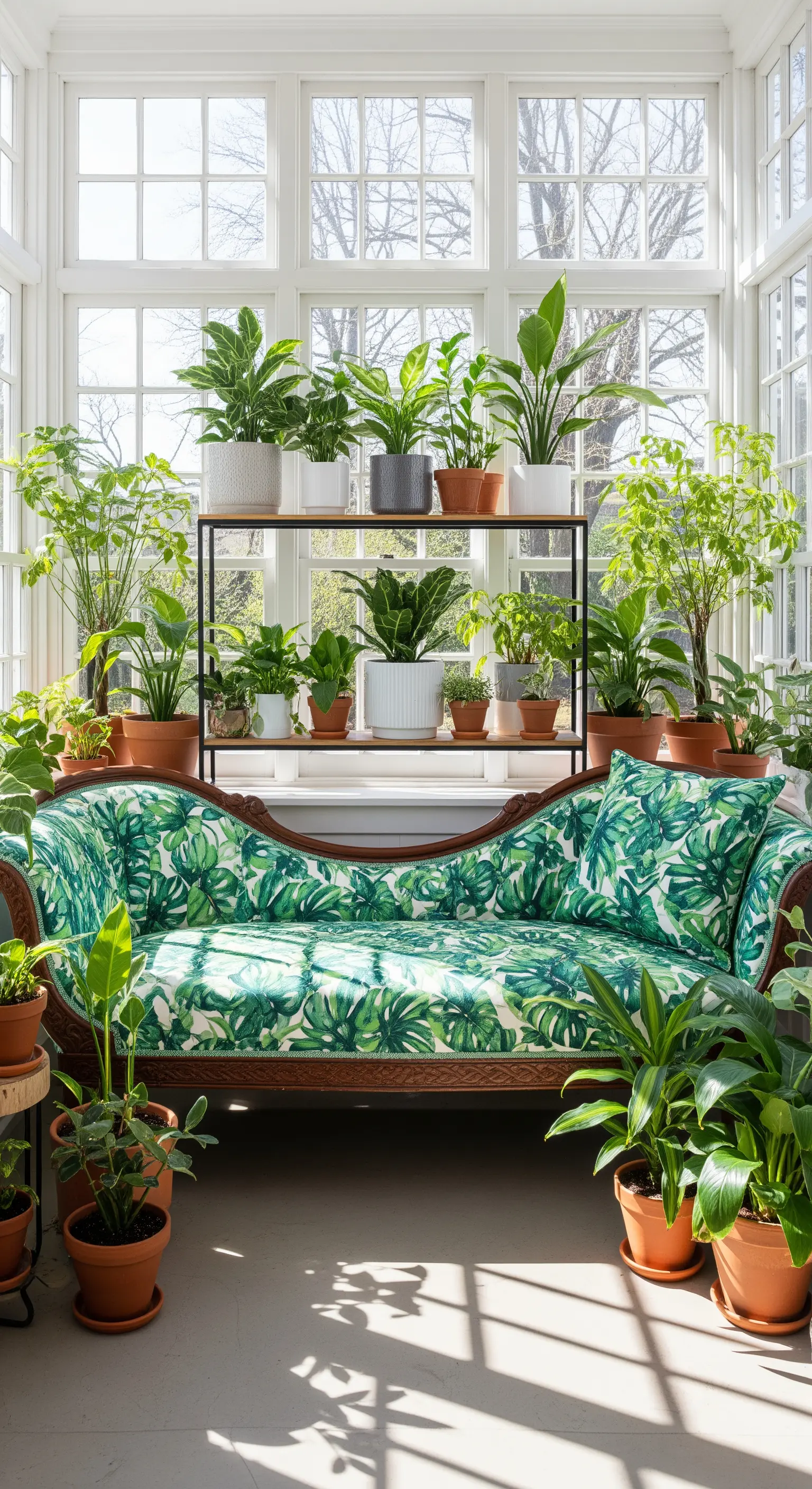 Chaise longue vintage con tessuto a stampa tropicale in una veranda piena di piante.