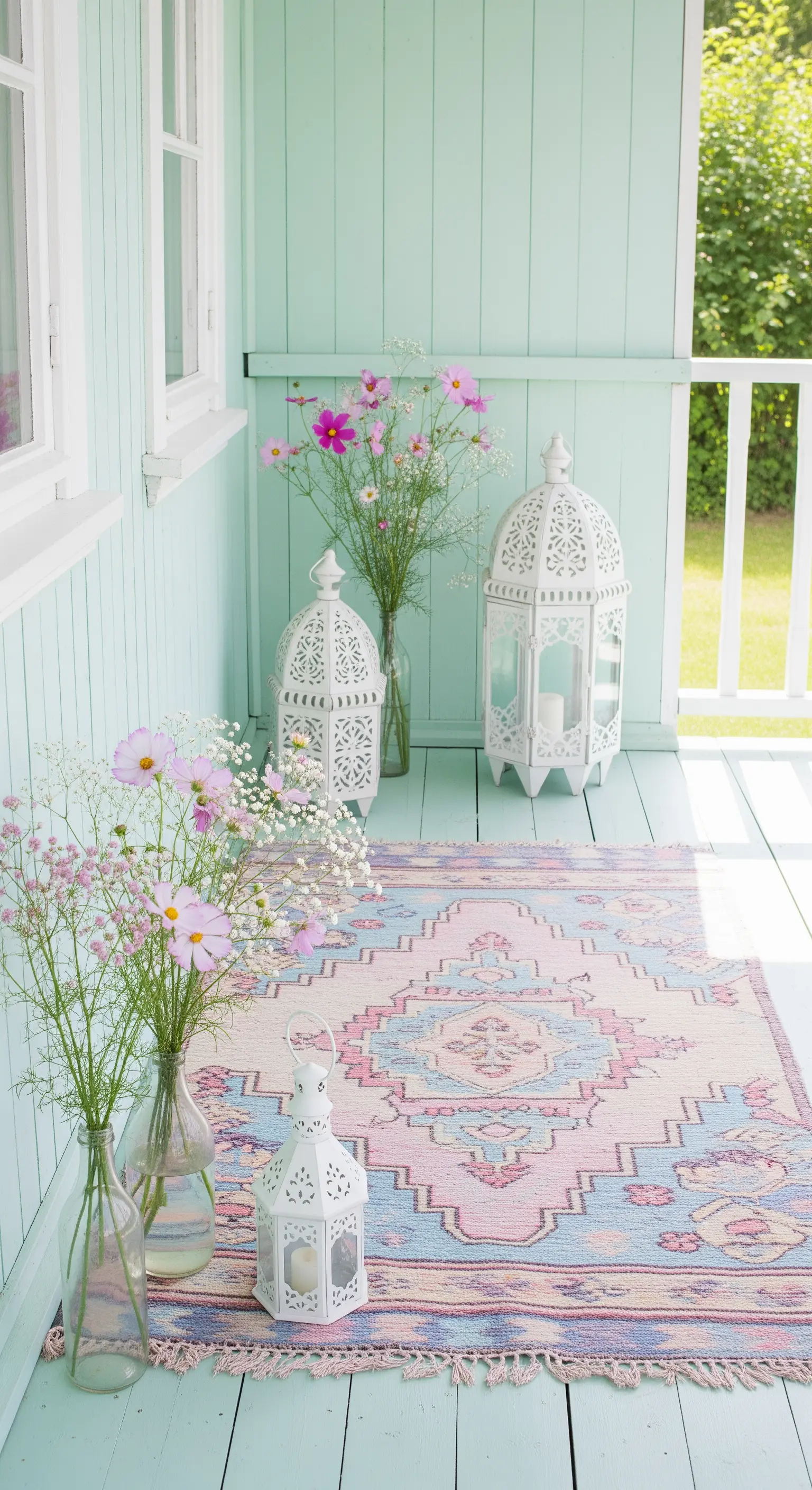 Portico color menta con tappeto kilim rosa e azzurro, lanterne bianche e fiori di campo.