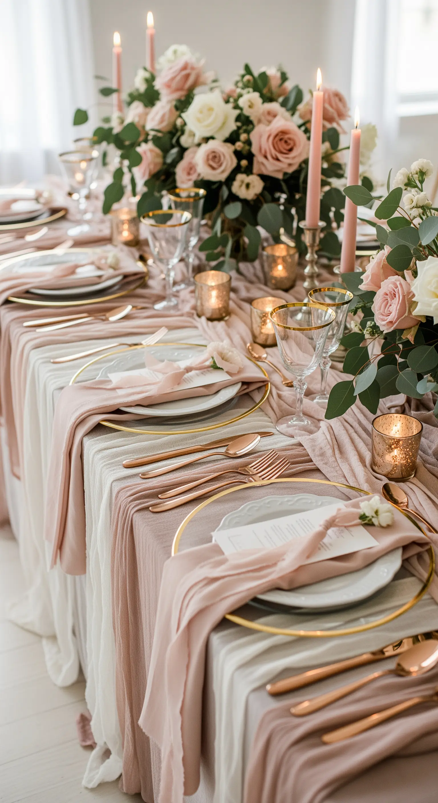 Tavola da matrimonio romantica con runner in garza rosa, fiori e posate in oro rosa