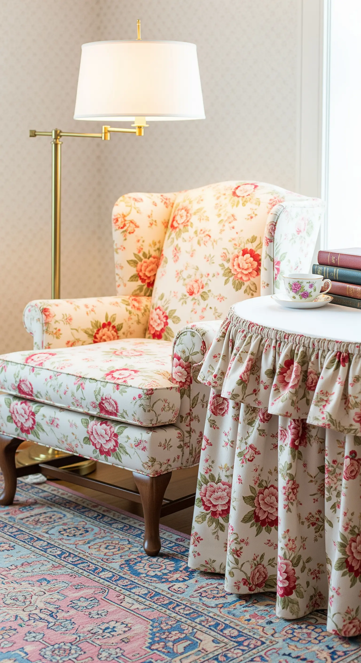 Poltrona floreale e tavolino con gonna coordinata, su un tappeto persiano rosa e blu.