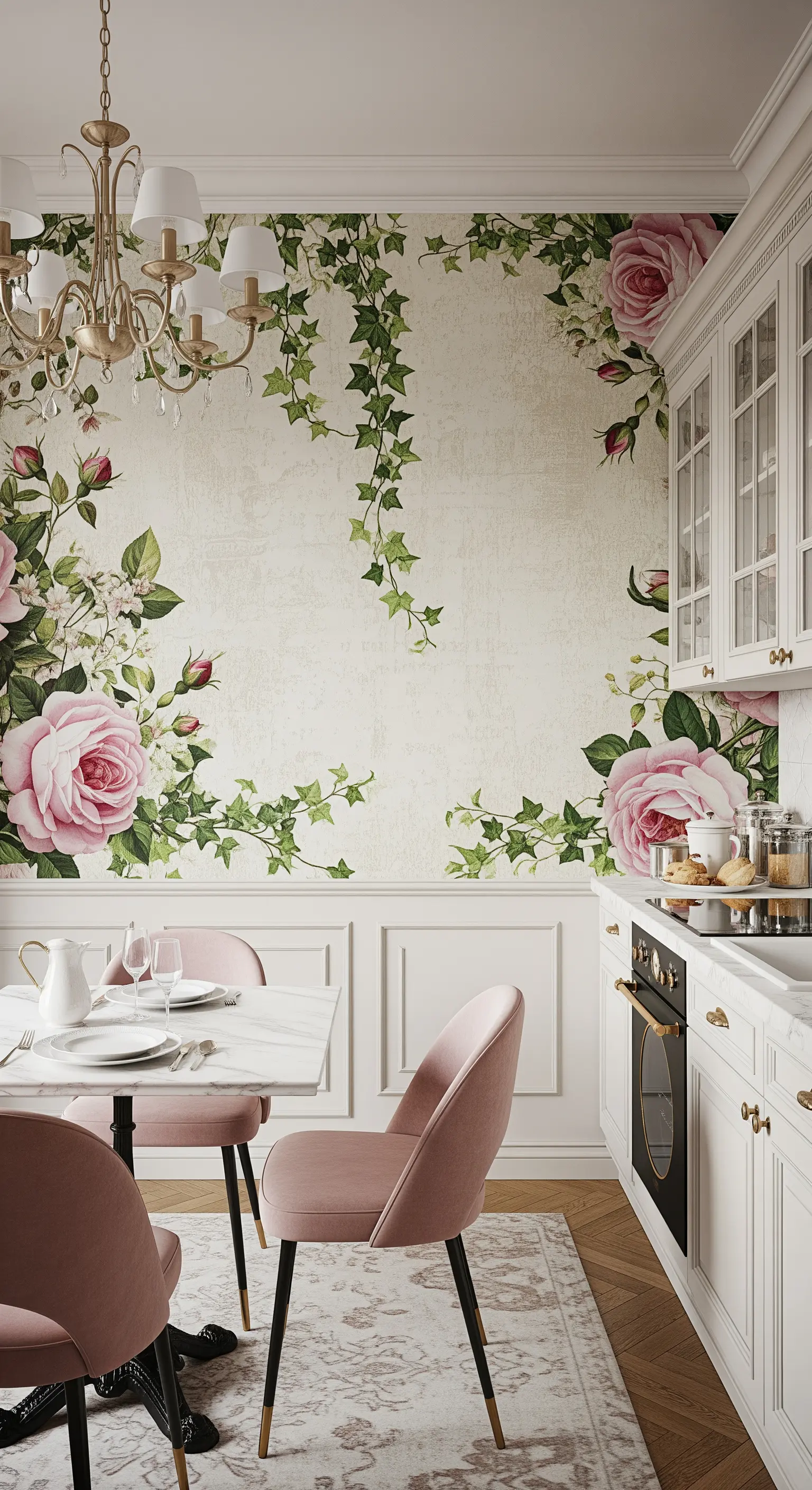 Cucina bianca con carta da parati a rose rampicanti e sedie in velluto rosa.