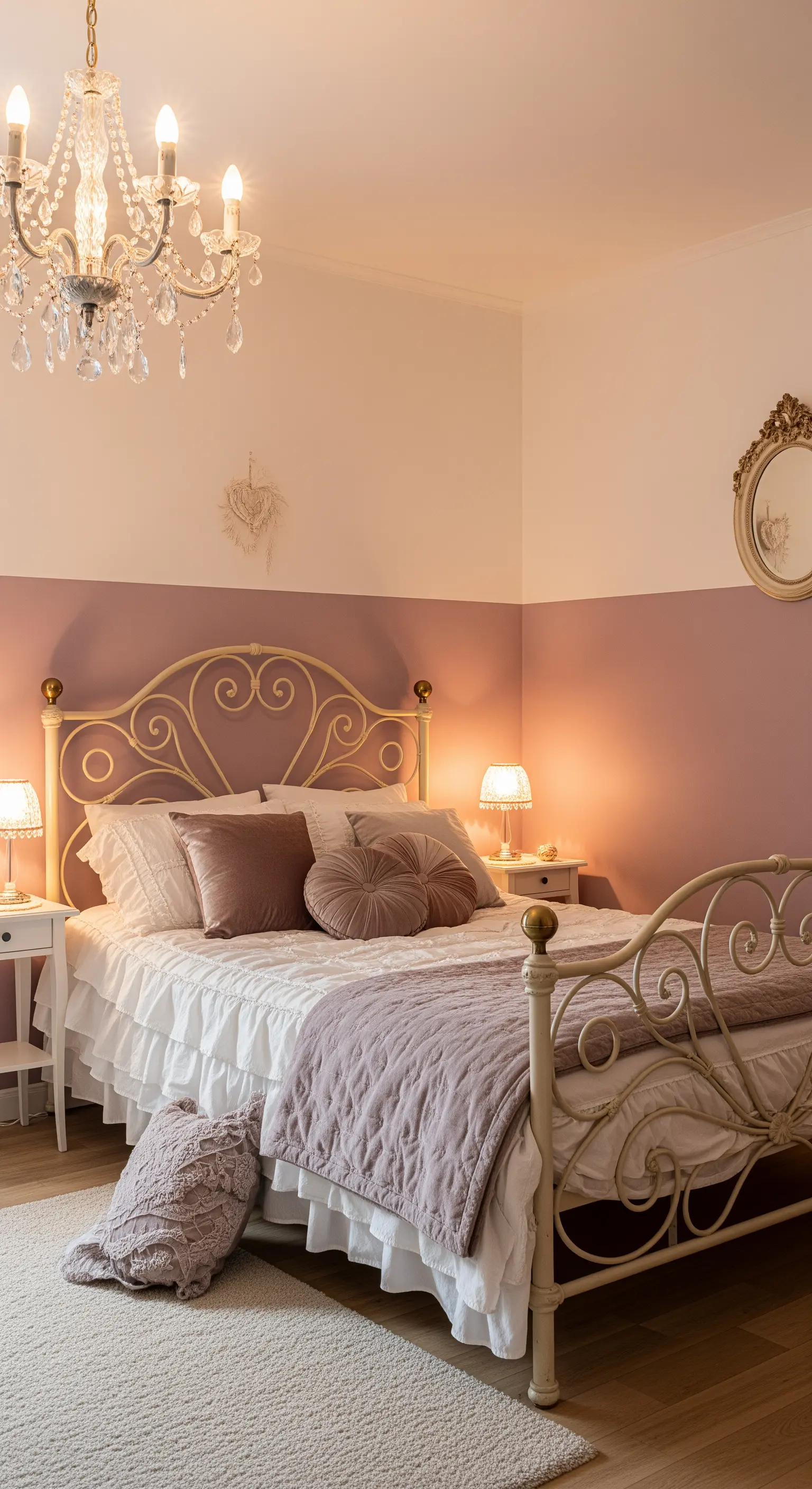 Camera da letto romantica con parete rosa antico e bianca, e letto in ferro battuto.