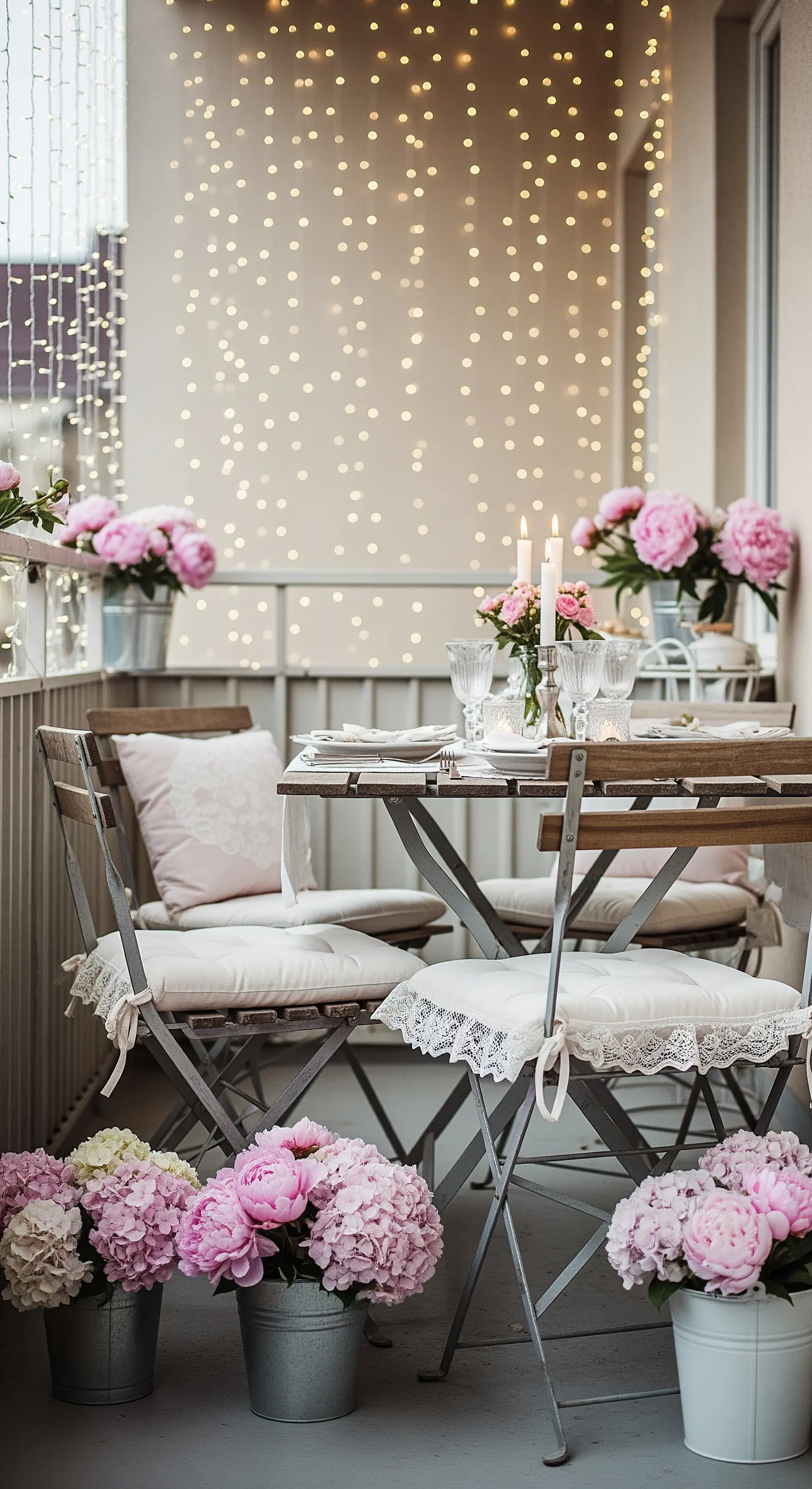 Piccolo balcone shabby chic con sedie in ferro, peonie rosa in secchi di latta e lucine sulla parete