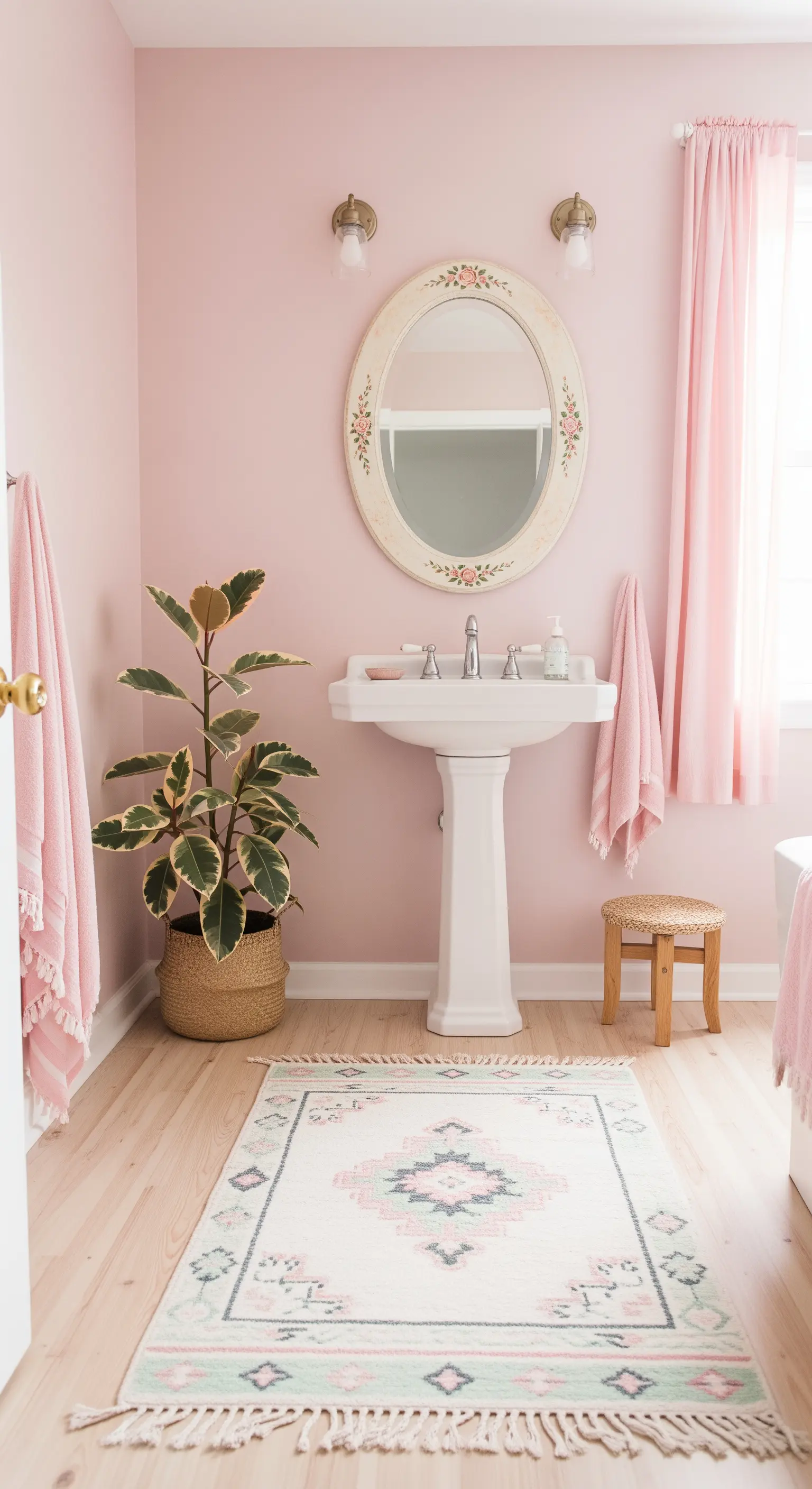 Bagno rosa pastello con lavabo a colonna, specchio floreale e tappeto kilim.