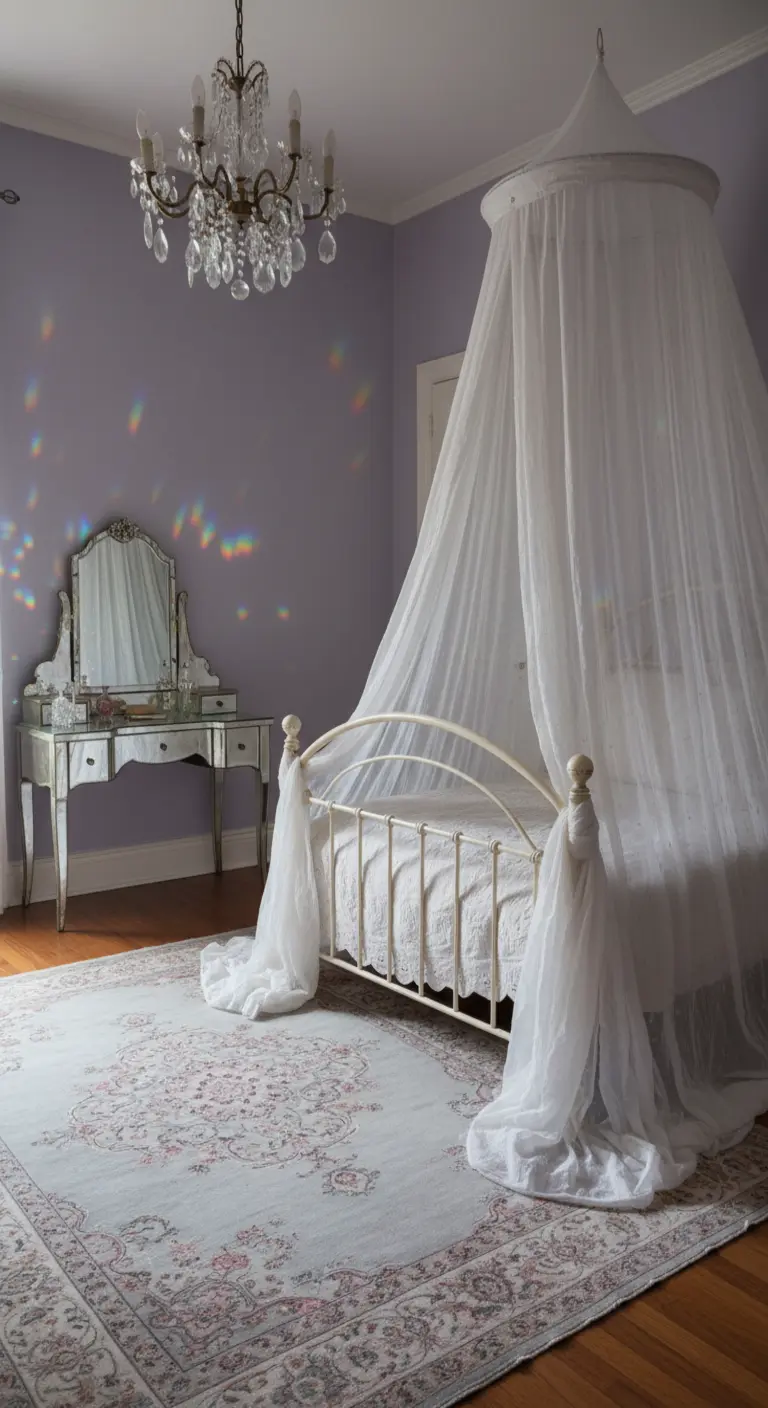 Camera da letto romantica con letto a baldacchino in tulle, pareti lilla e tappeto persiano chiaro.