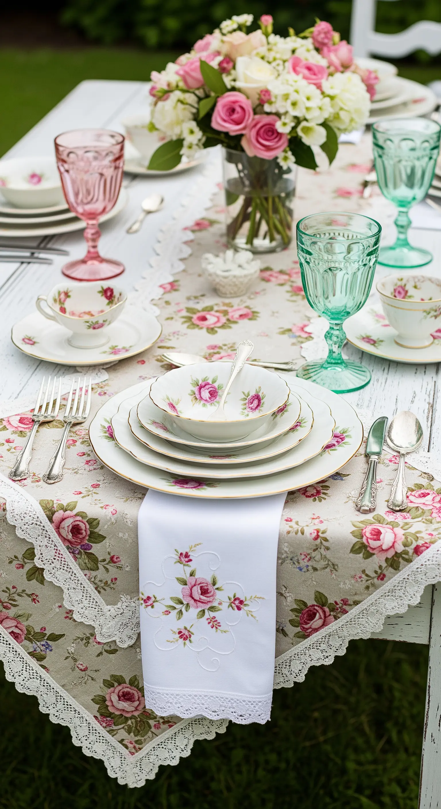 Tavola da giardino con runner floreale, pizzo, piatti con rose e bicchieri rosa e verdi.