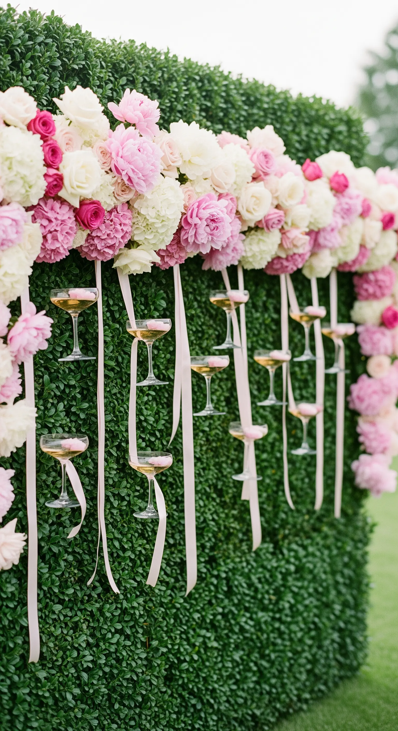 Parete di siepe verde con una cascata di peonie e rose; i calici sono legati con nastri.