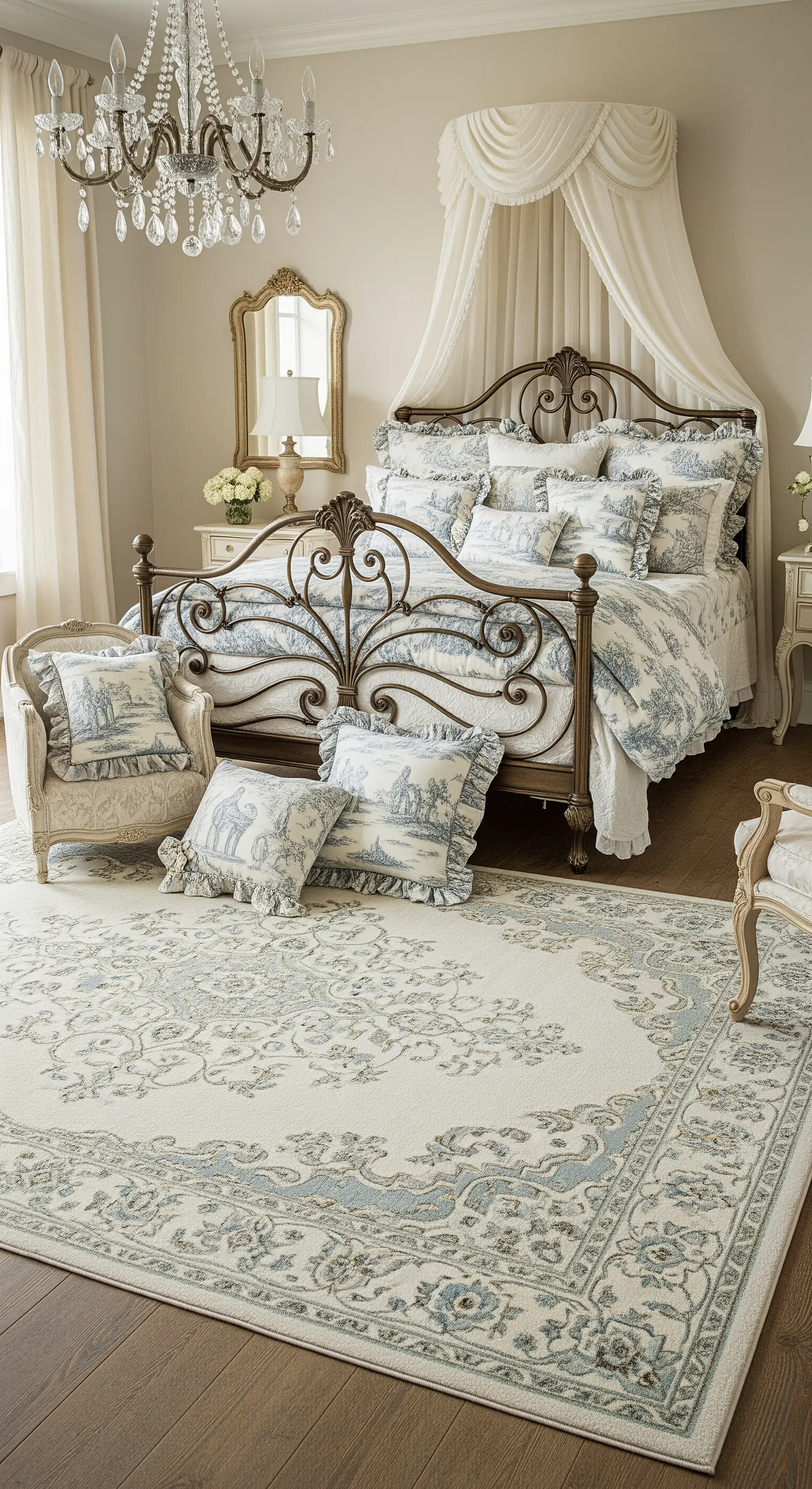 Camera da letto in stile francese con letto in ferro battuto, tessuti Toile de Jouy e tappeto classico.