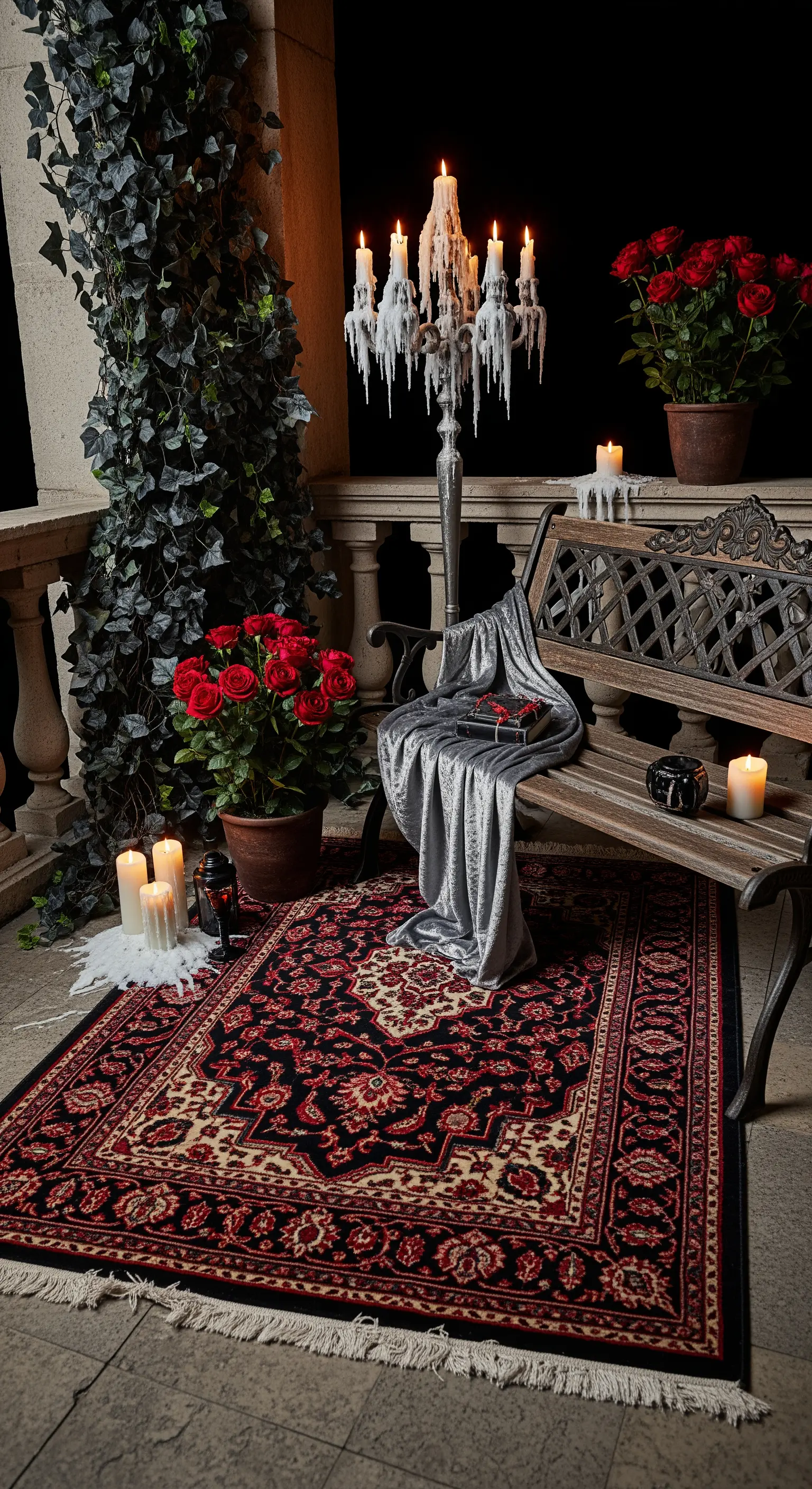 Balcone gotico con panca in ferro, candelabro con cera colata e vasi di rose rosse.