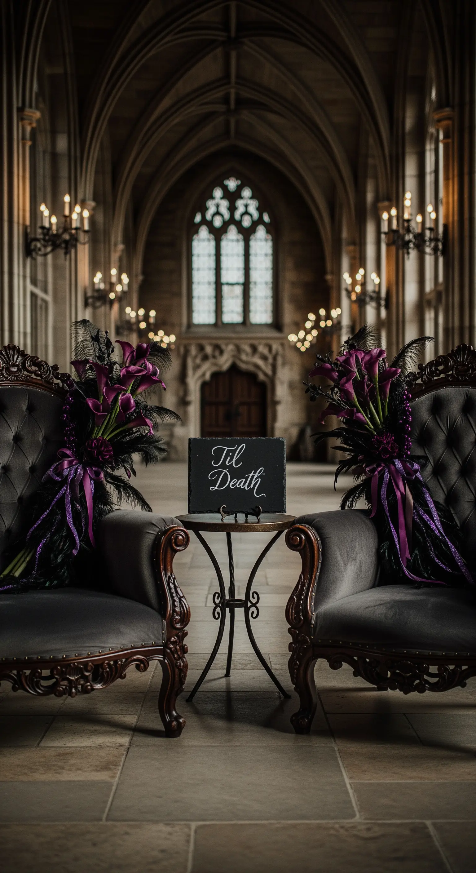 Poltrone gotiche in velluto scuro con bouquet di calle viola e un'insegna 'Til Death'.