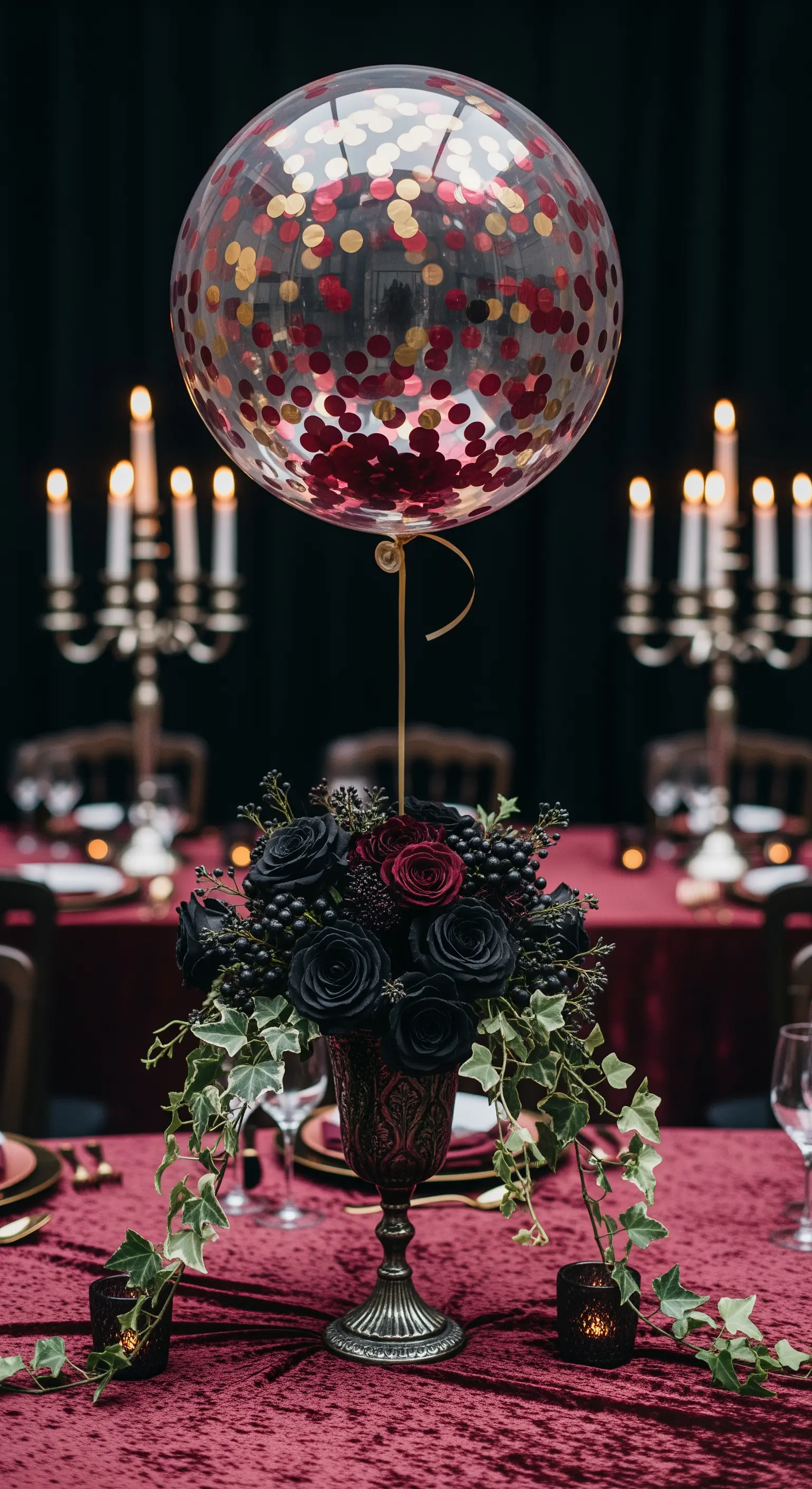 Centrotavola gotico con rose nere, palloncino con coriandoli rossi e candelabri sullo sfondo.