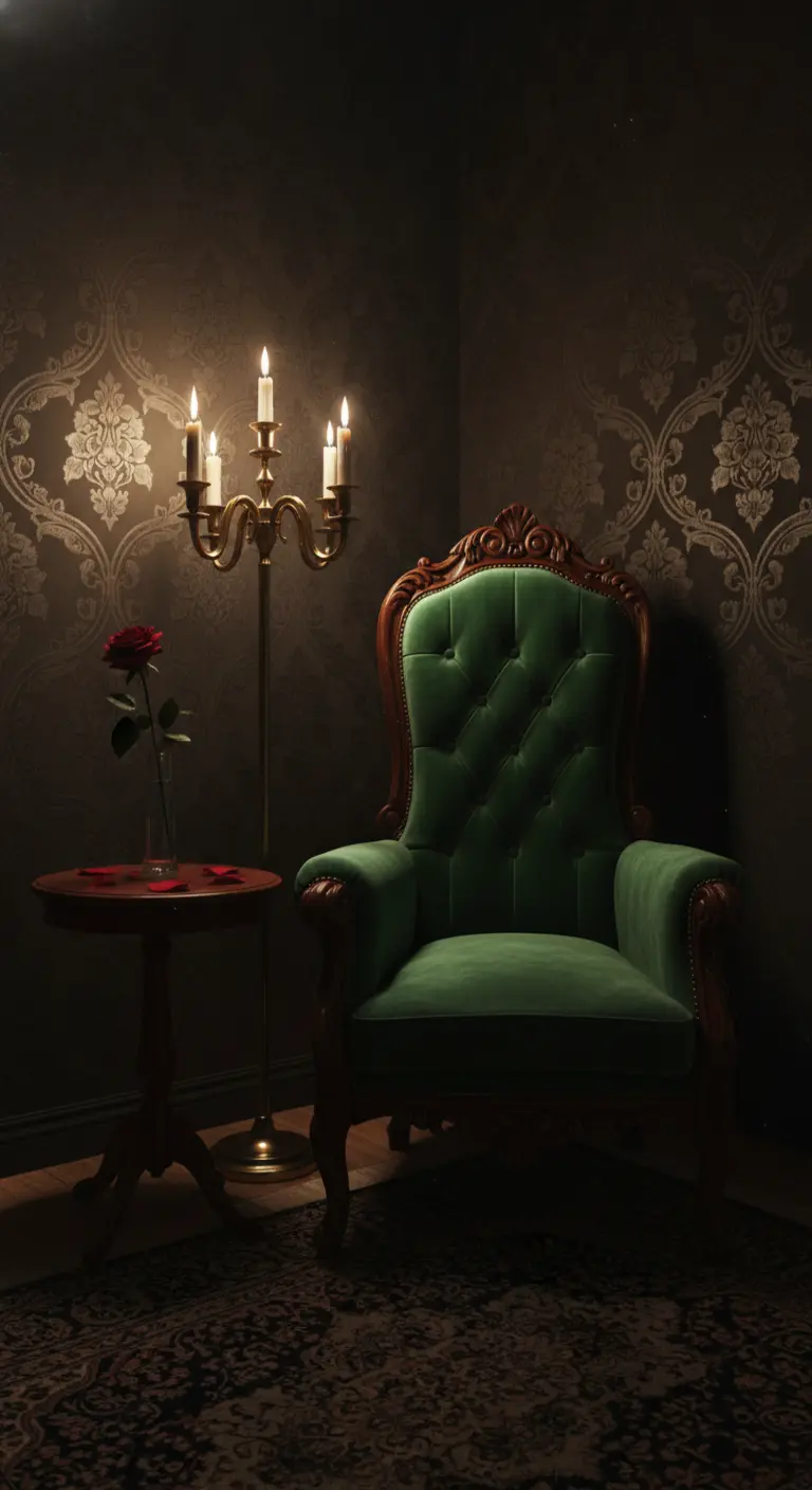 Poltrona barocca in velluto verde in un angolo buio illuminato da un candelabro.