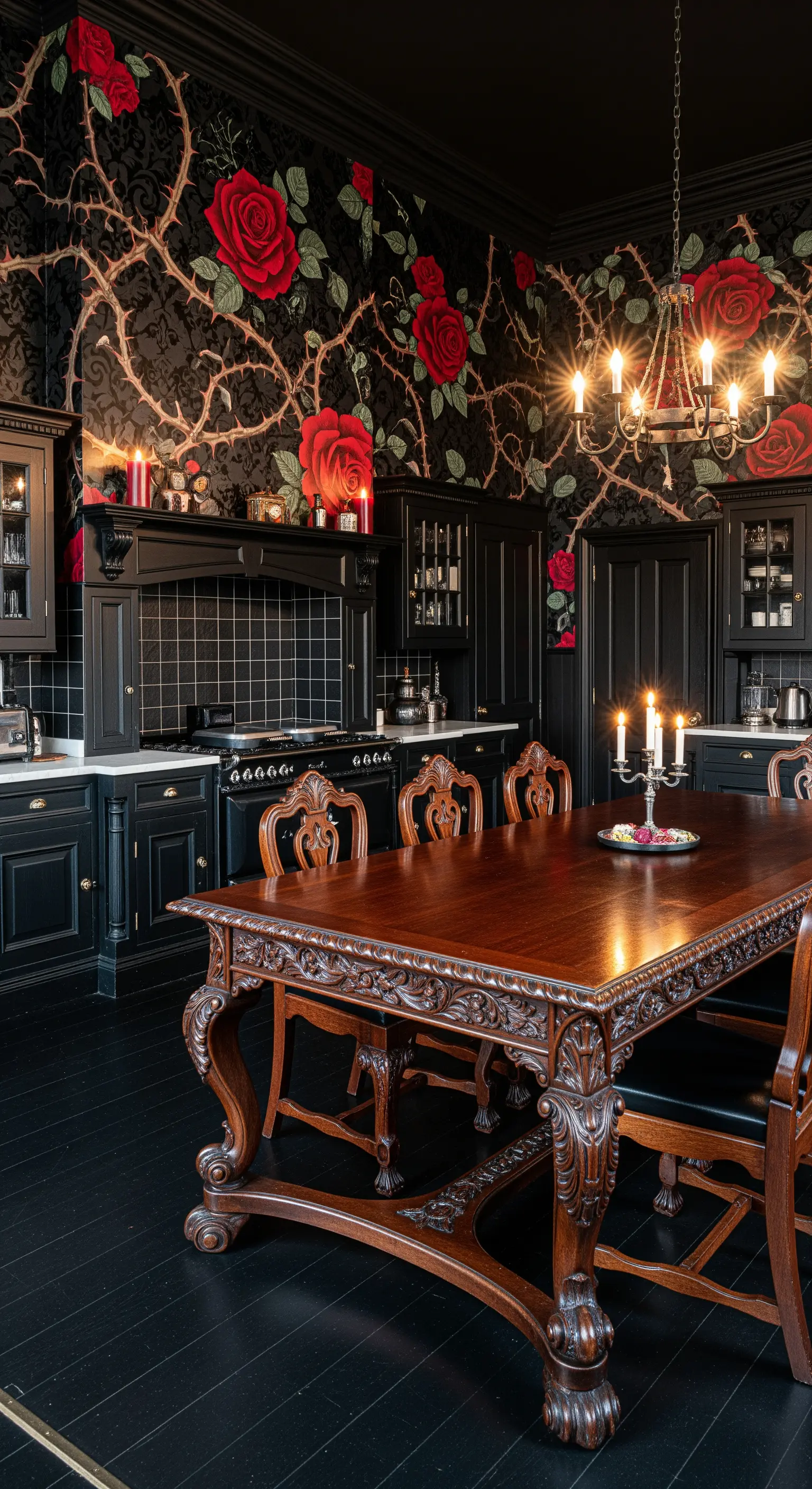 Cucina nera con carta da parati a rose rosse e spine, e tavolo in legno intagliato.