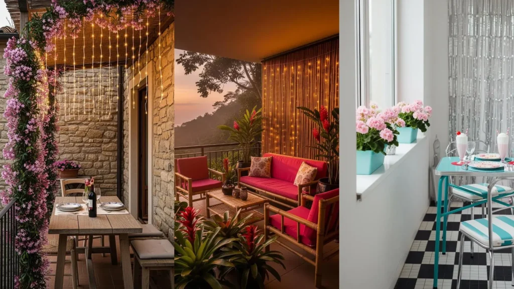 Balcone romantico con lucine a cascata, fiori rosa e tavolo apparecchiato per una cena a due.