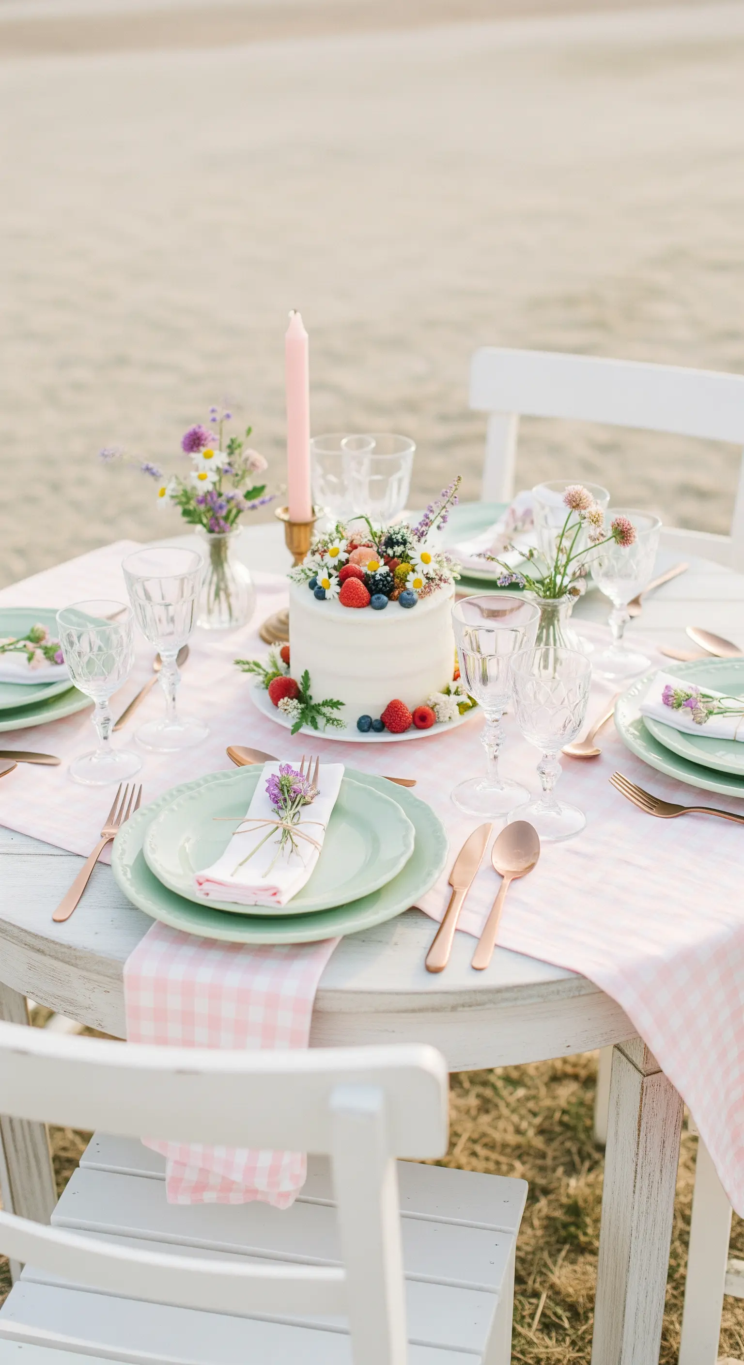 Tavola romantica con runner a quadri rosa, piatti verde menta e posate oro rosa.