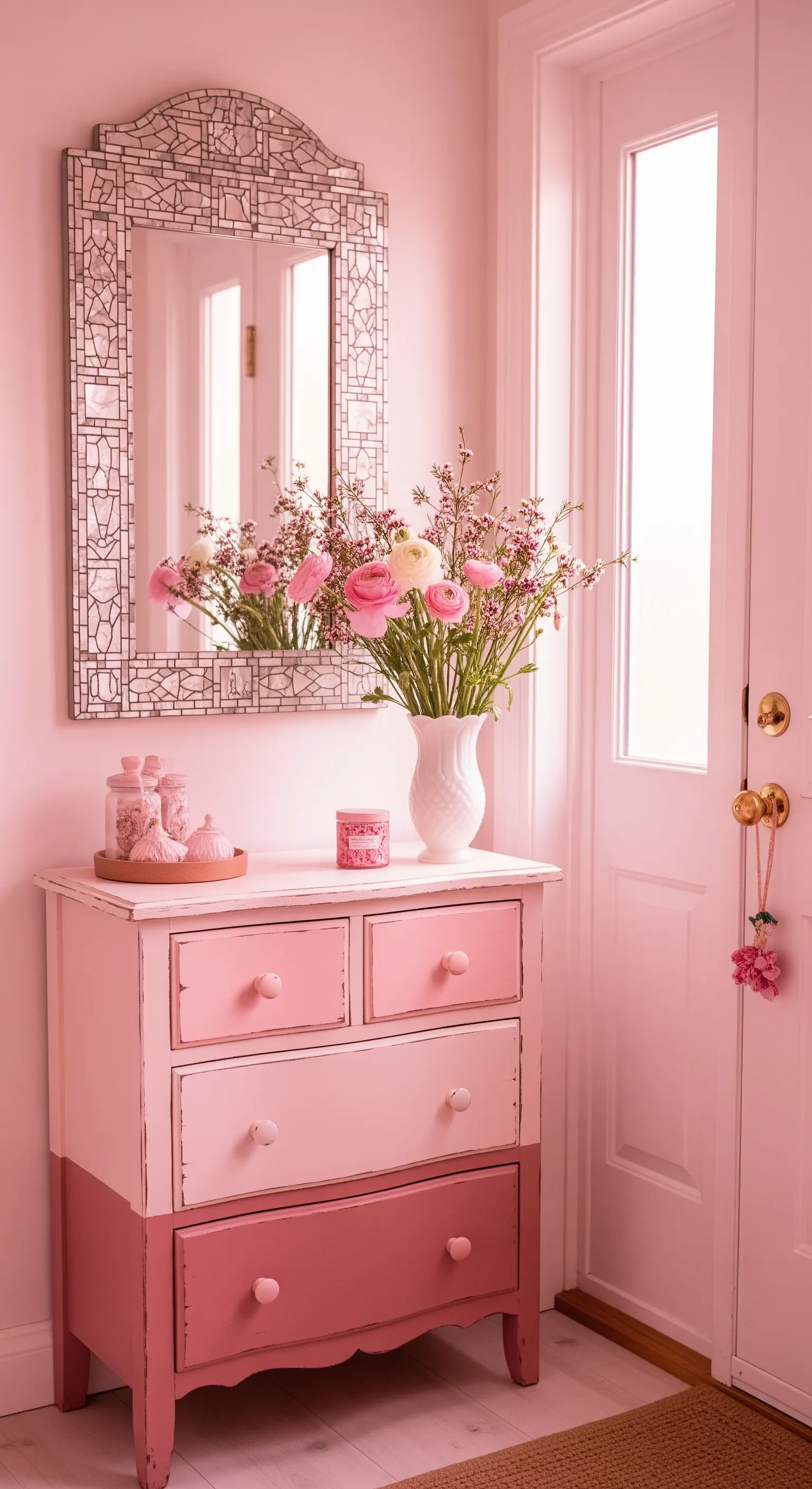 Comò bicolore rosa e bianco in un ingresso completamente dipinto di rosa, con specchio a mosaico.
