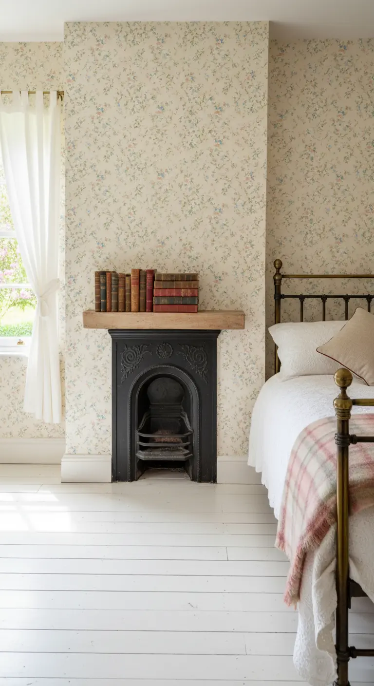 Camera in stile cottage con carta da parati floreale, letto in ottone e piccolo camino in ghisa.