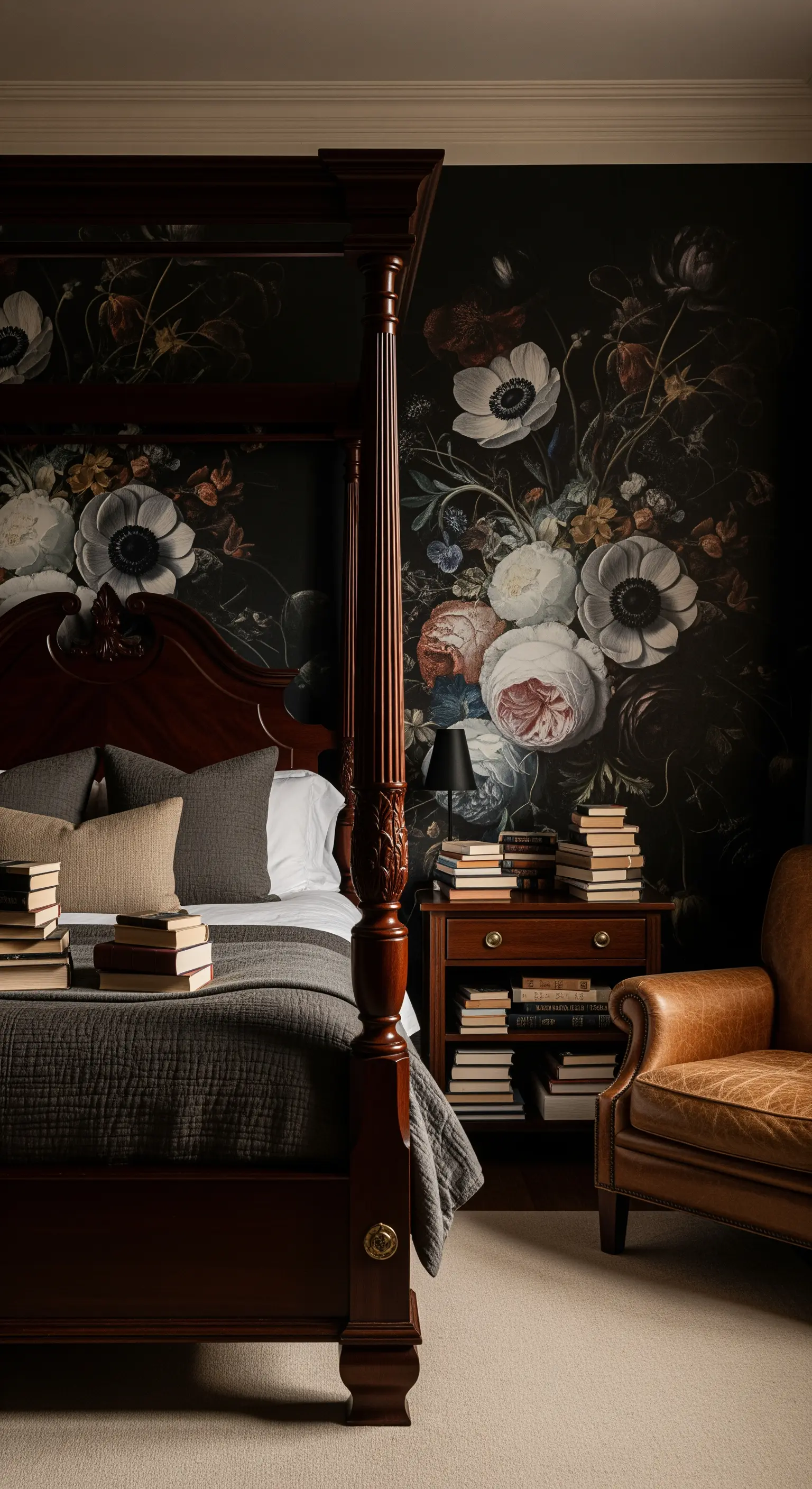 Letto a baldacchino in legno scuro con carta da parati floreale in stile 