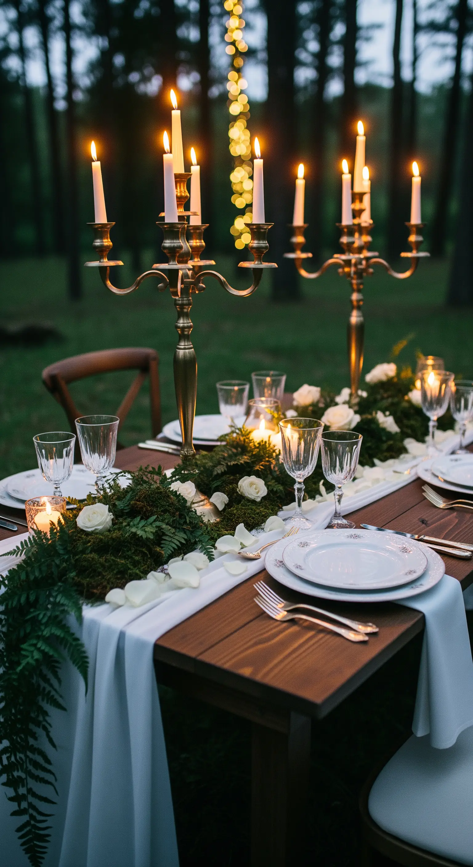 Tavola da matrimonio in un bosco, con runner di muschio e candelabri accesi.