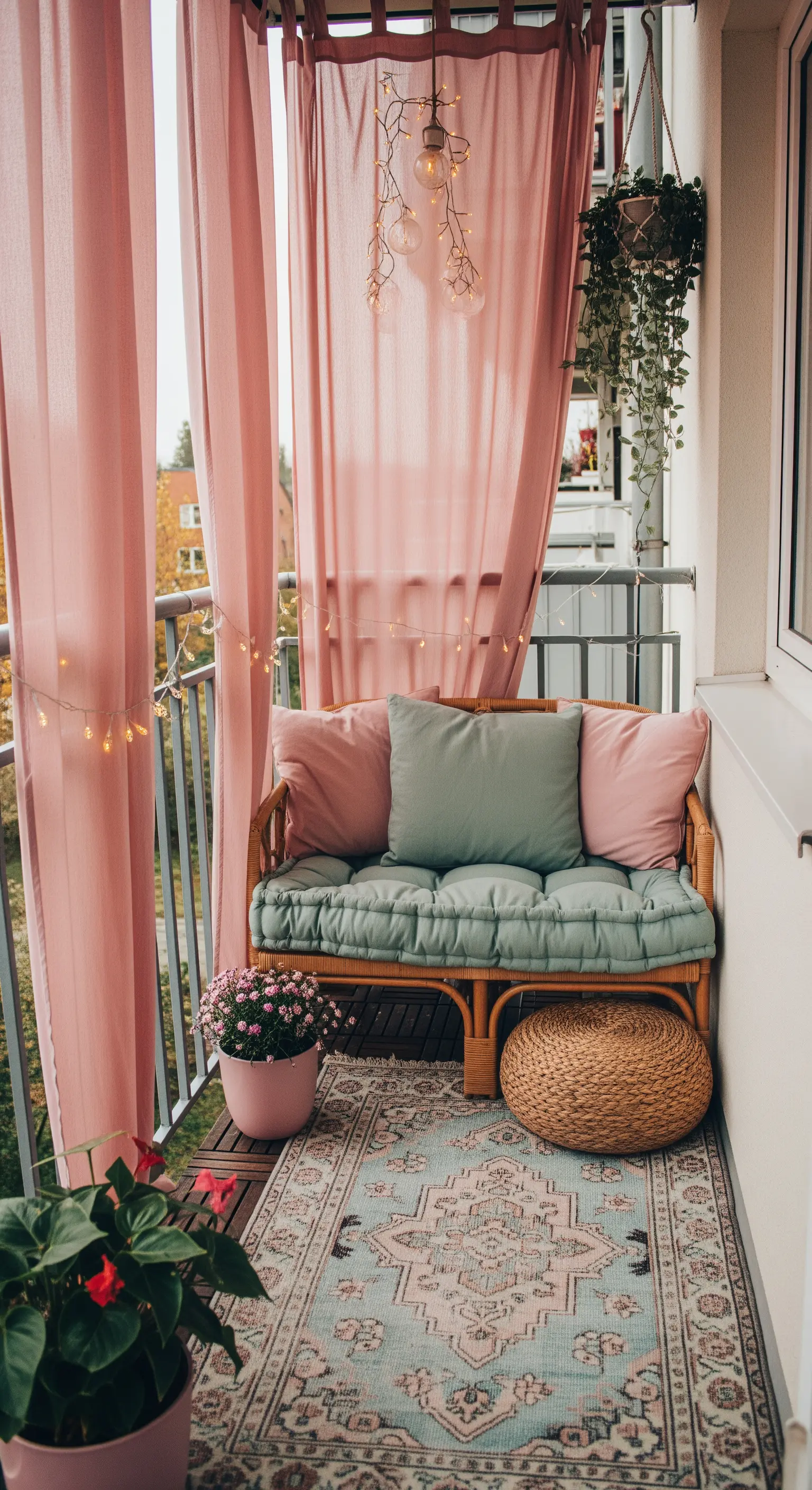 Balcone piccolo con tende rosa, divanetto in bambù con cuscini verdi e un tappeto persiano chiaro
