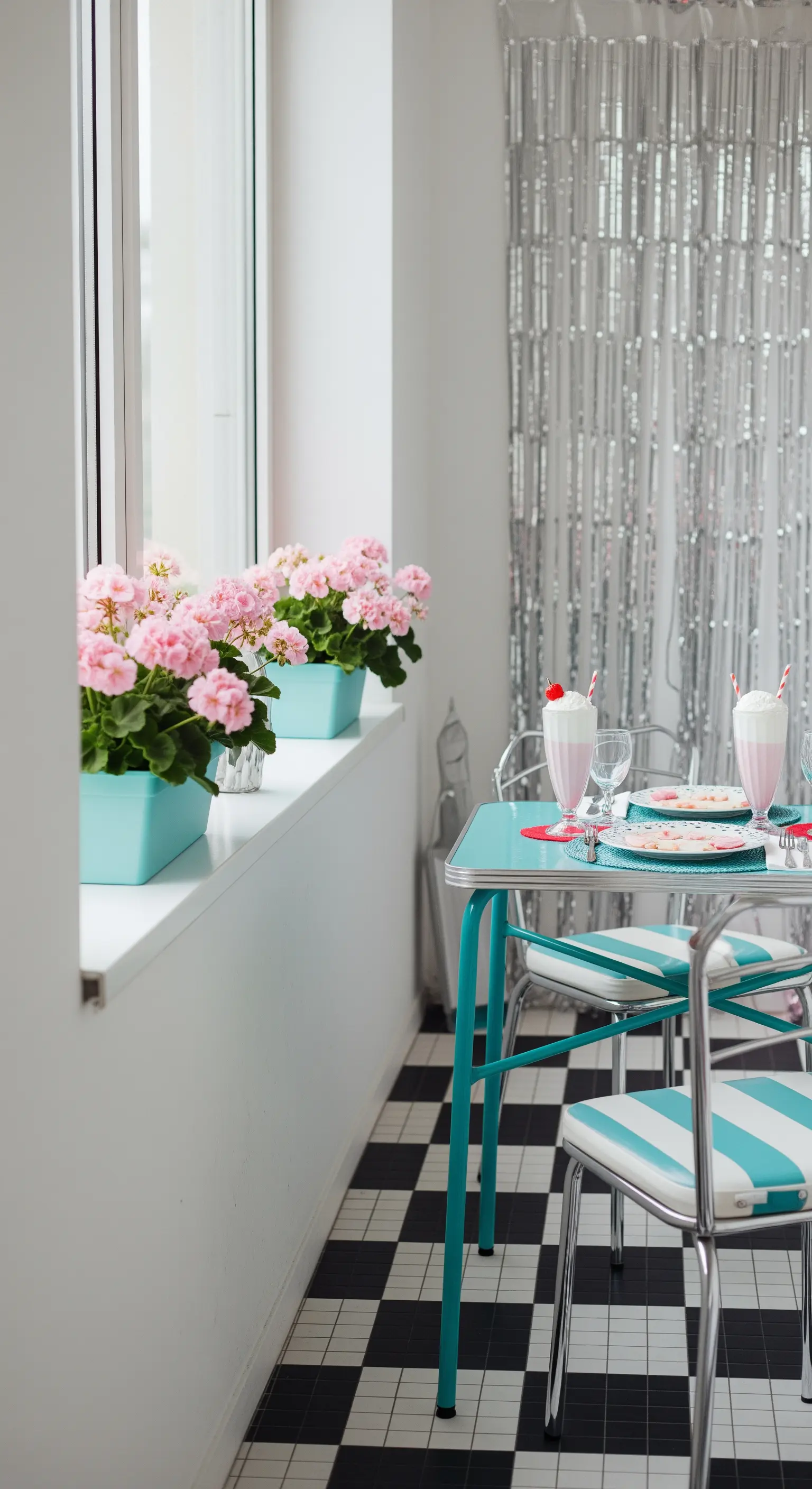 Angolo di un balcone con tavolo e sedie turchesi stile anni '50 e pavimento a scacchi