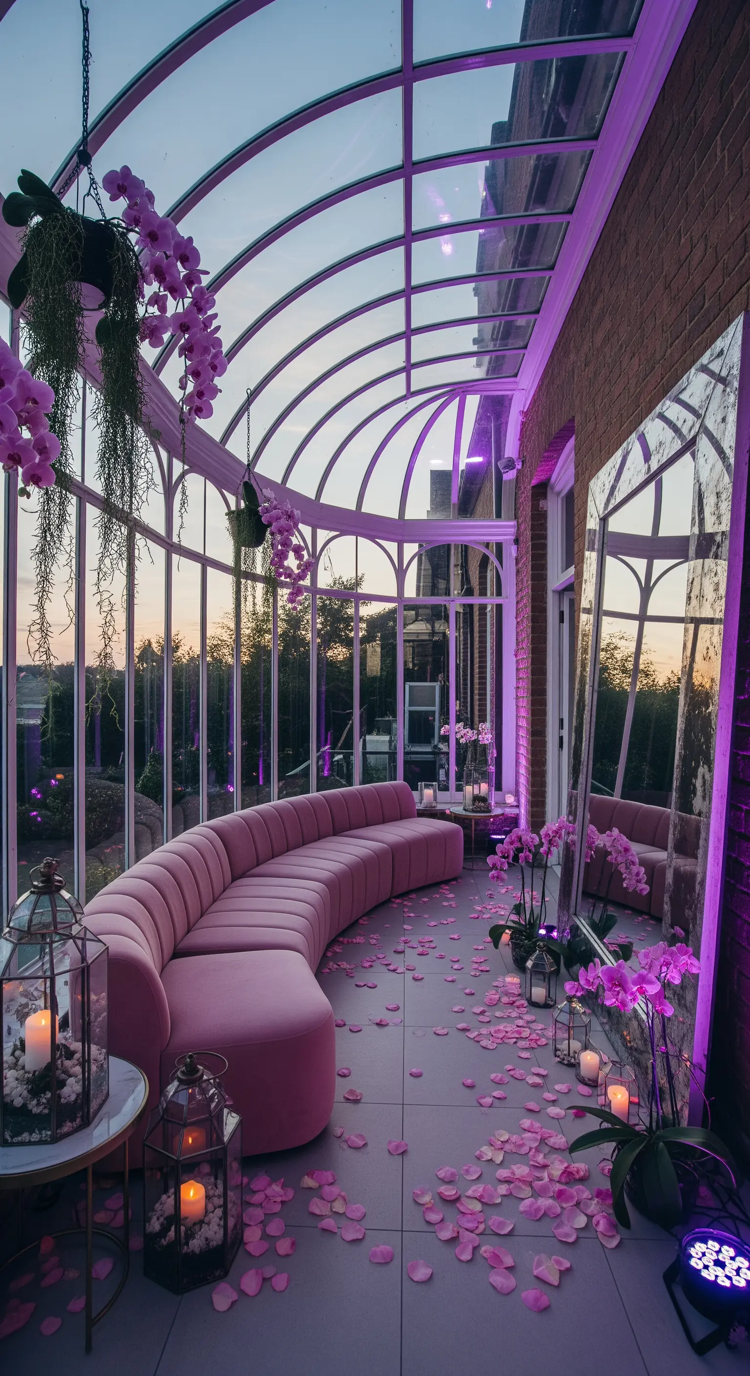 Veranda in vetro con divano curvo in velluto rosa, illuminato da luci viola e petali a terra