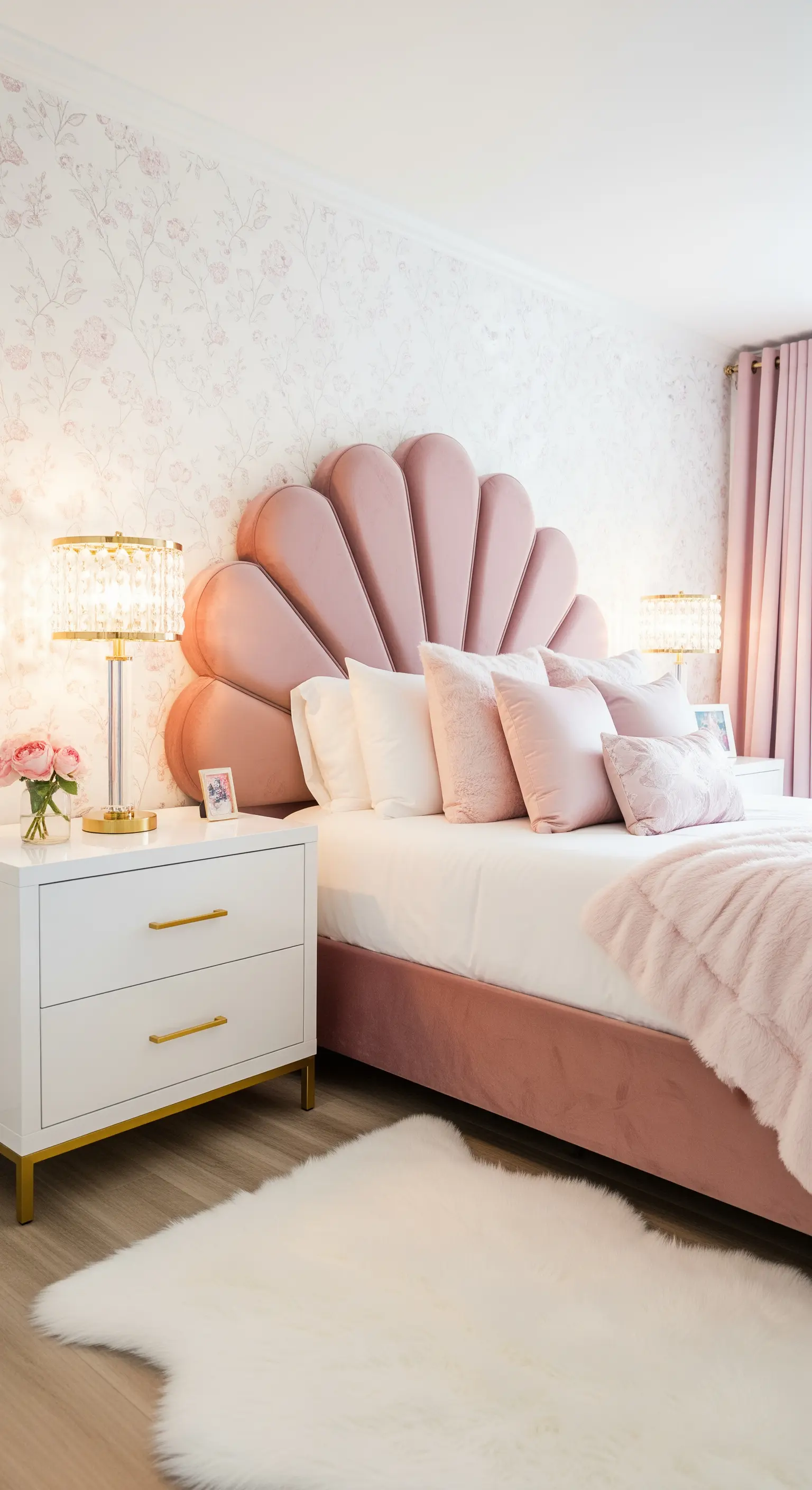 Testiera a forma di conchiglia in velluto rosa cipria.