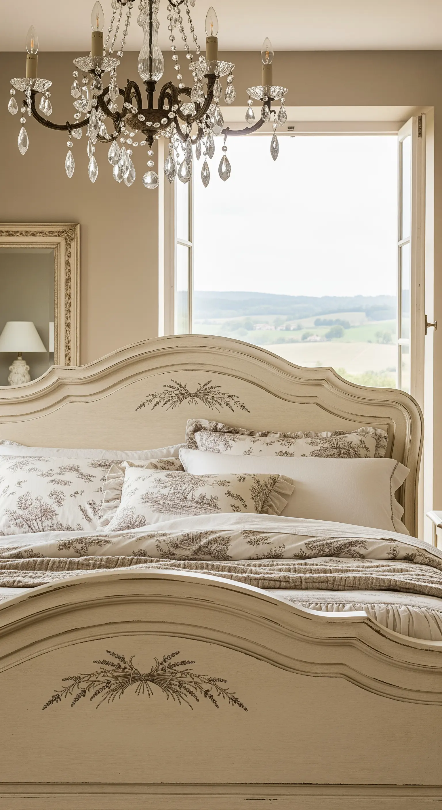 Letto in stile provenzale con finitura anticata e intagli a tema lavanda, vista sulla campagna.