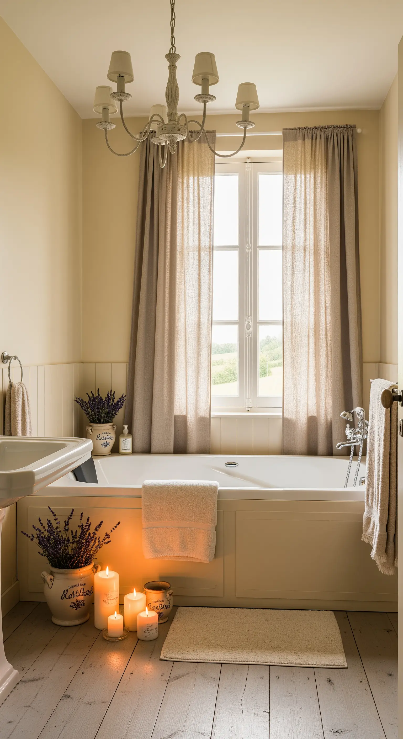 Bagno in stile provenzale con tende in lino, pavimento in legno chiaro e lavanda.