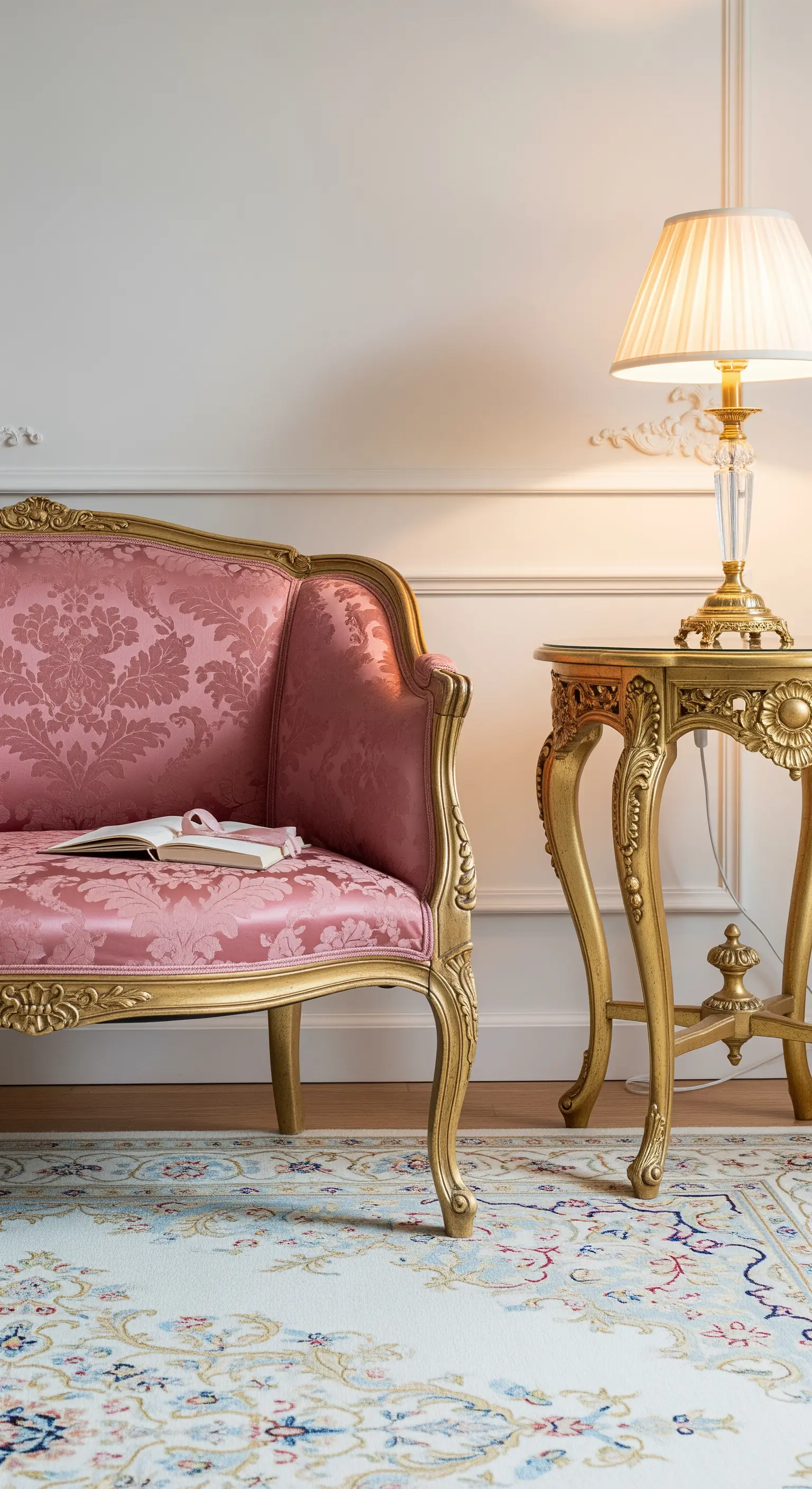 Dettaglio di un divanetto Rococò con tessuto damascato rosa e struttura dorata, accanto a un tavolino.