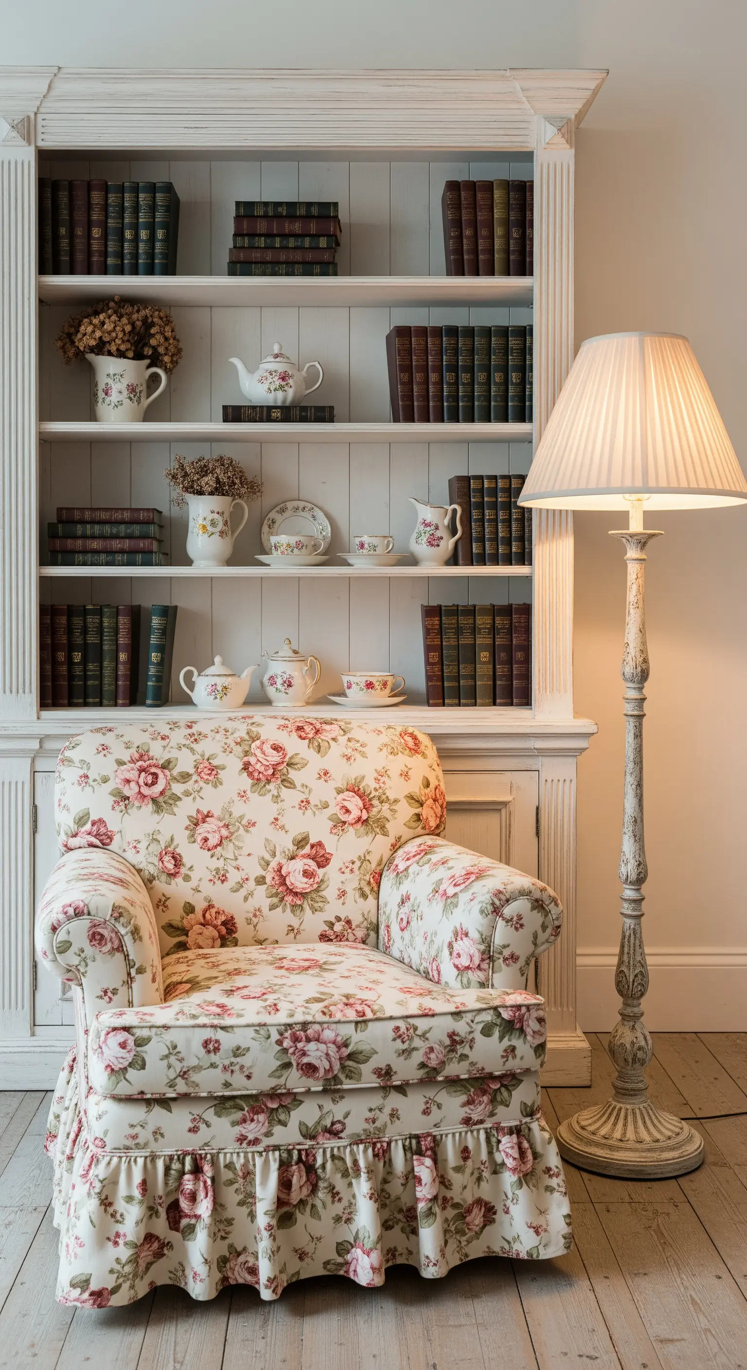 Poltrona floreale in stile shabby chic accanto a una libreria bianca anticata.