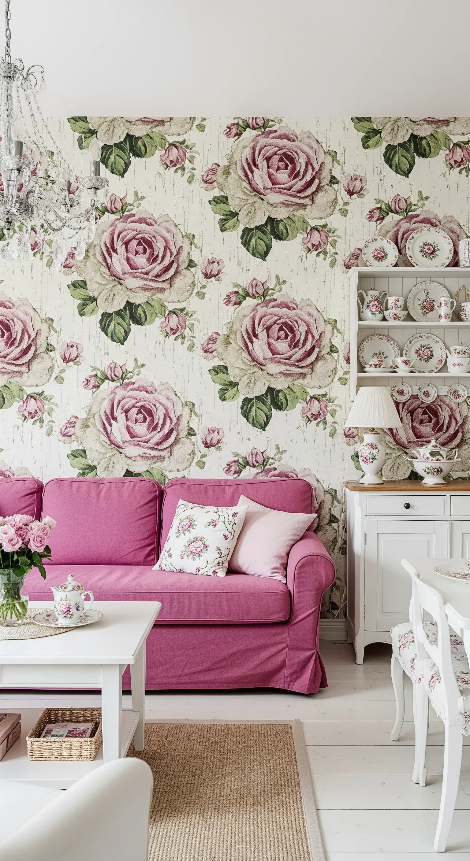 Salotto shabby chic con carta da parati a rose, credenza bianca e divano rosa.