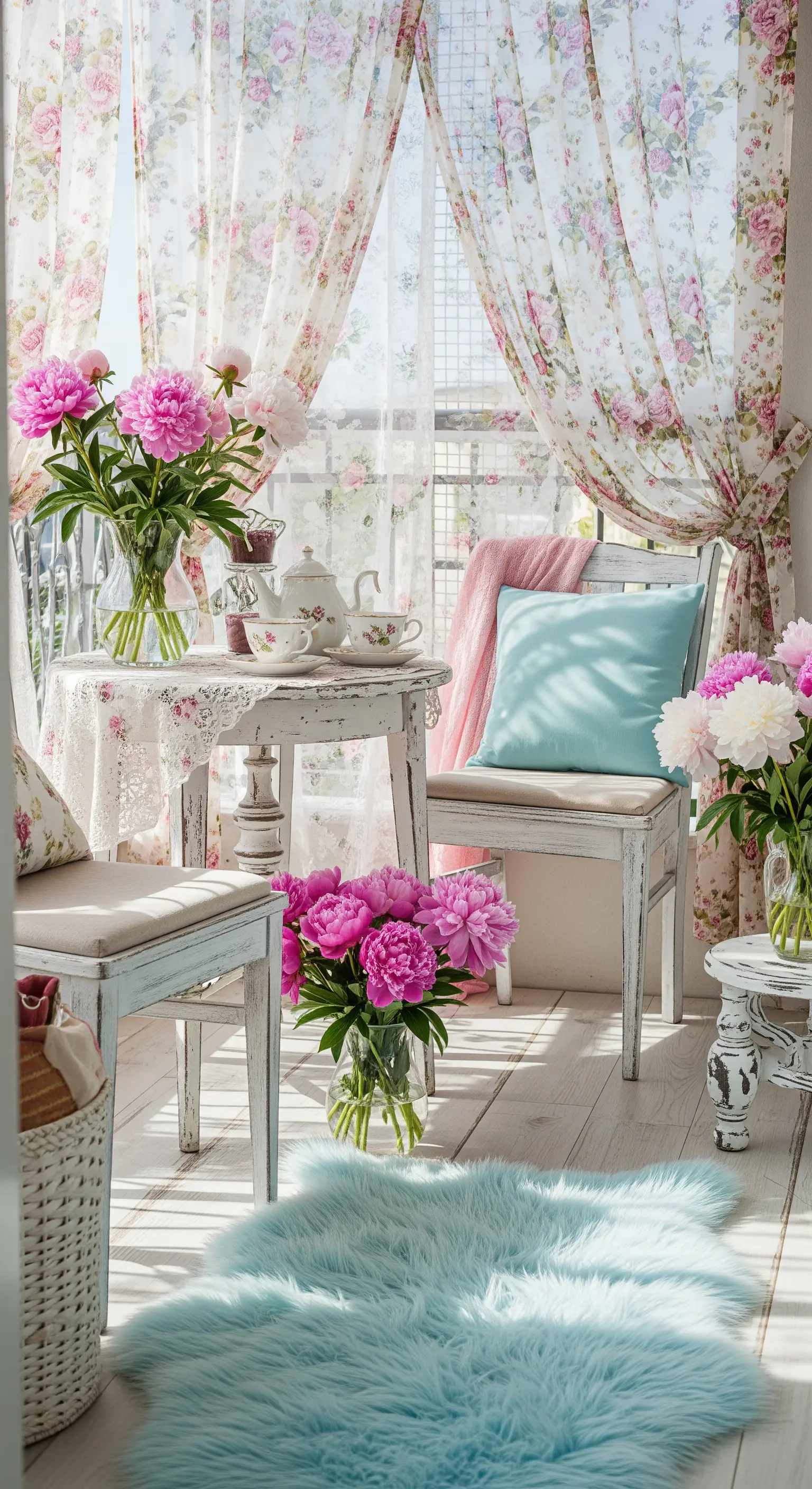 Balcone in stile shabby chic con tende a fiori, mobili bianchi decapati e un tappeto azzurro a pelo lungo.