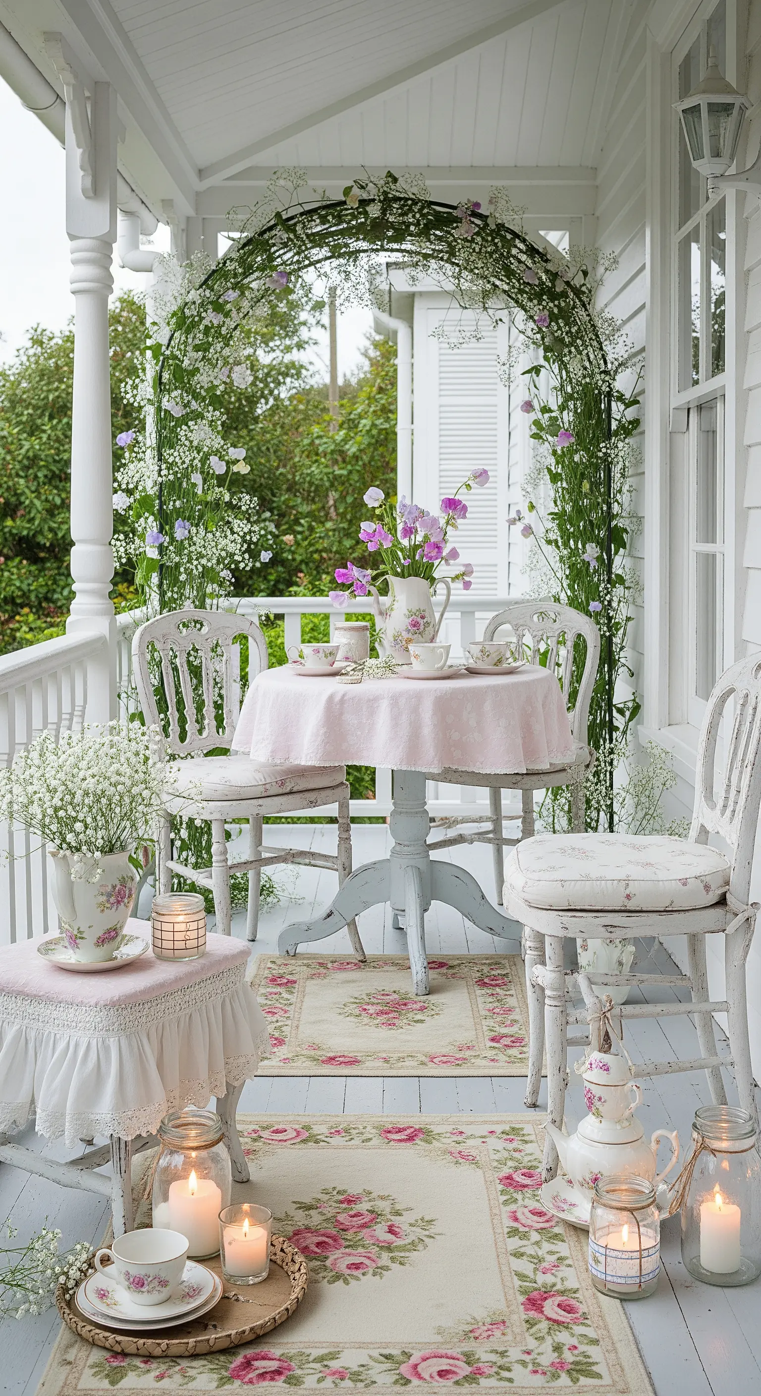 Angolo shabby chic su un portico bianco con tavolo e sedie decapate e un arco di fiori delicati