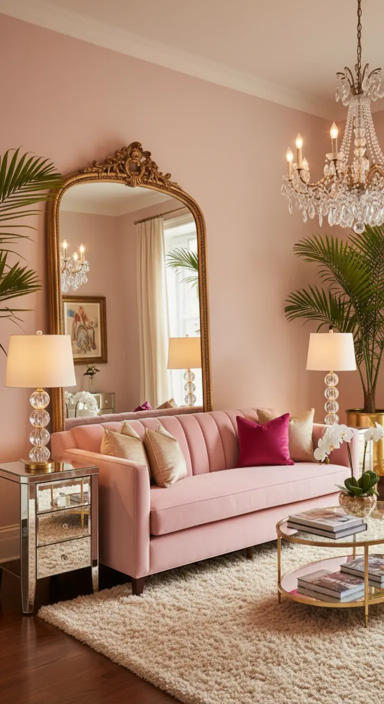 Specchio barocco dorato appoggiato su una parete rosa dietro a un divano in velluto.