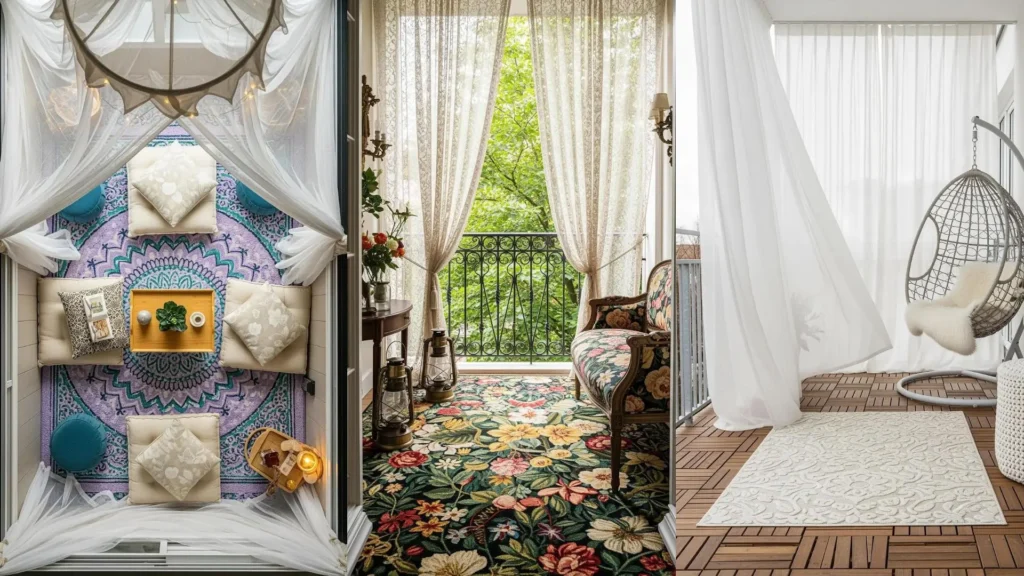 Balconi soft-romantic con tappeti floreali vibranti e tende leggere svolazzanti che creano un'atmosfera serena.