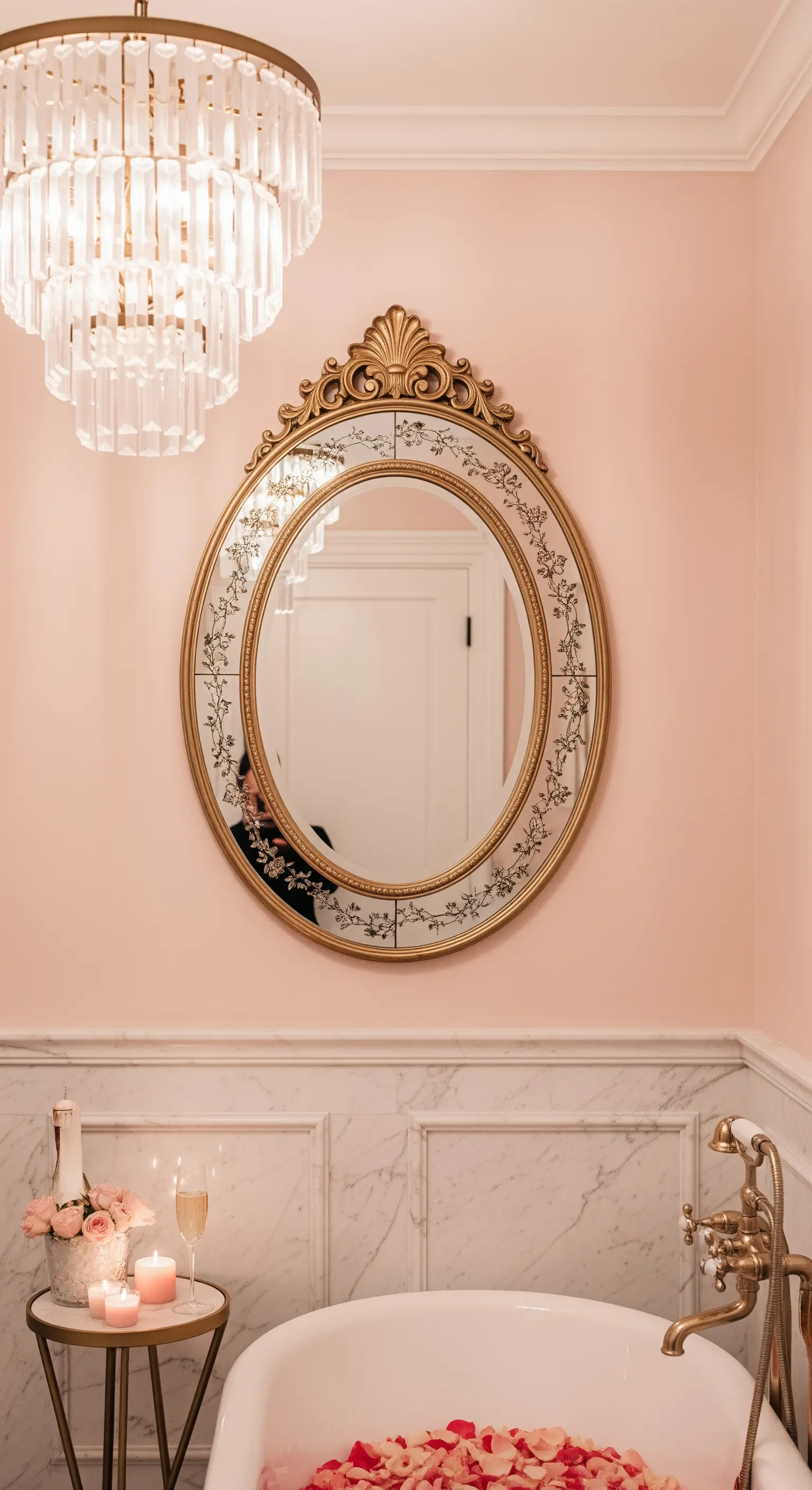 Bagno romantico con pareti rosa, vasca da bagno e specchio ovale dorato con dettagli floreali.