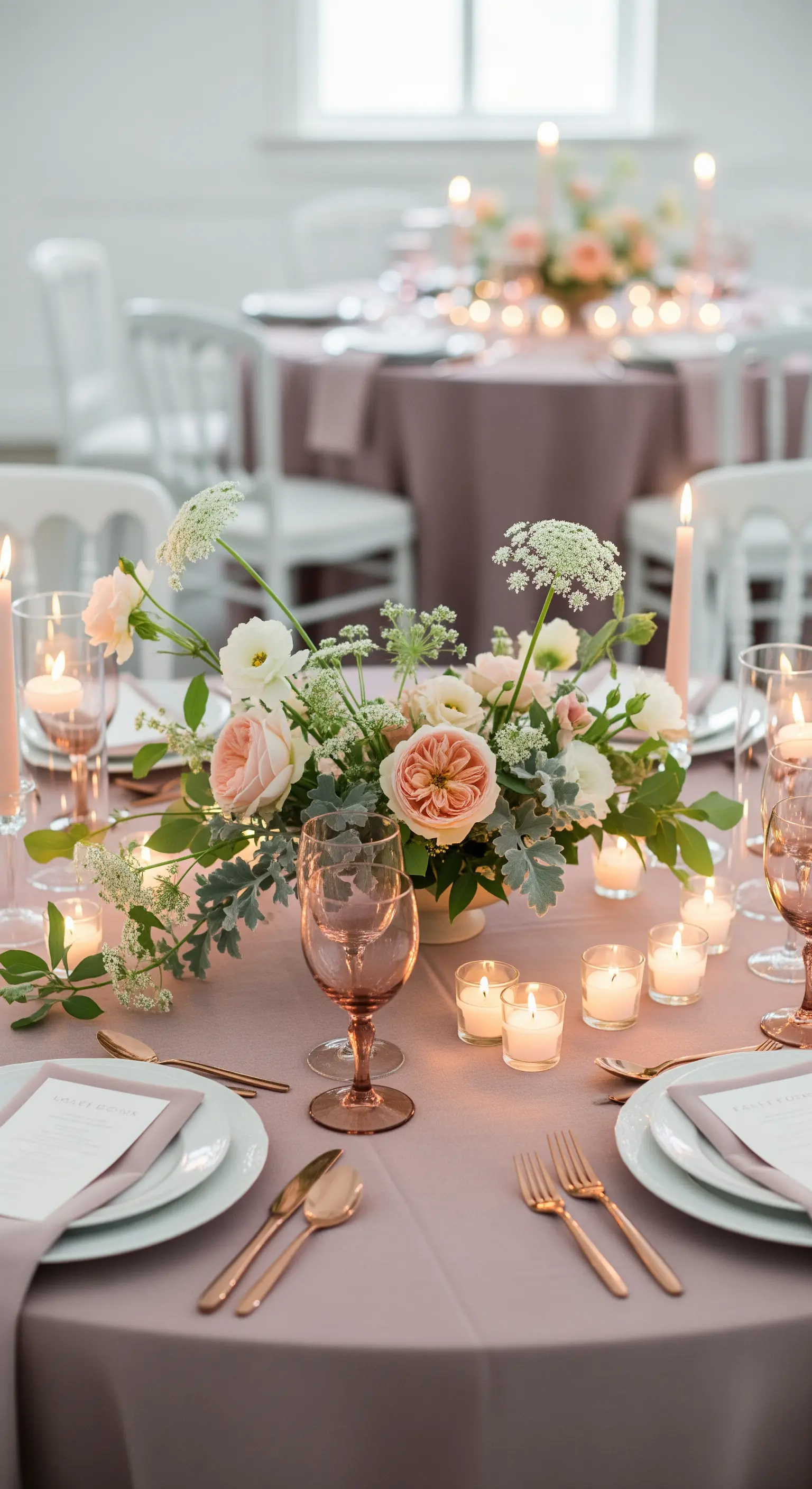 Tavola con tovaglia rosa antico, posate oro rosa e un bouquet di rose da giardino.