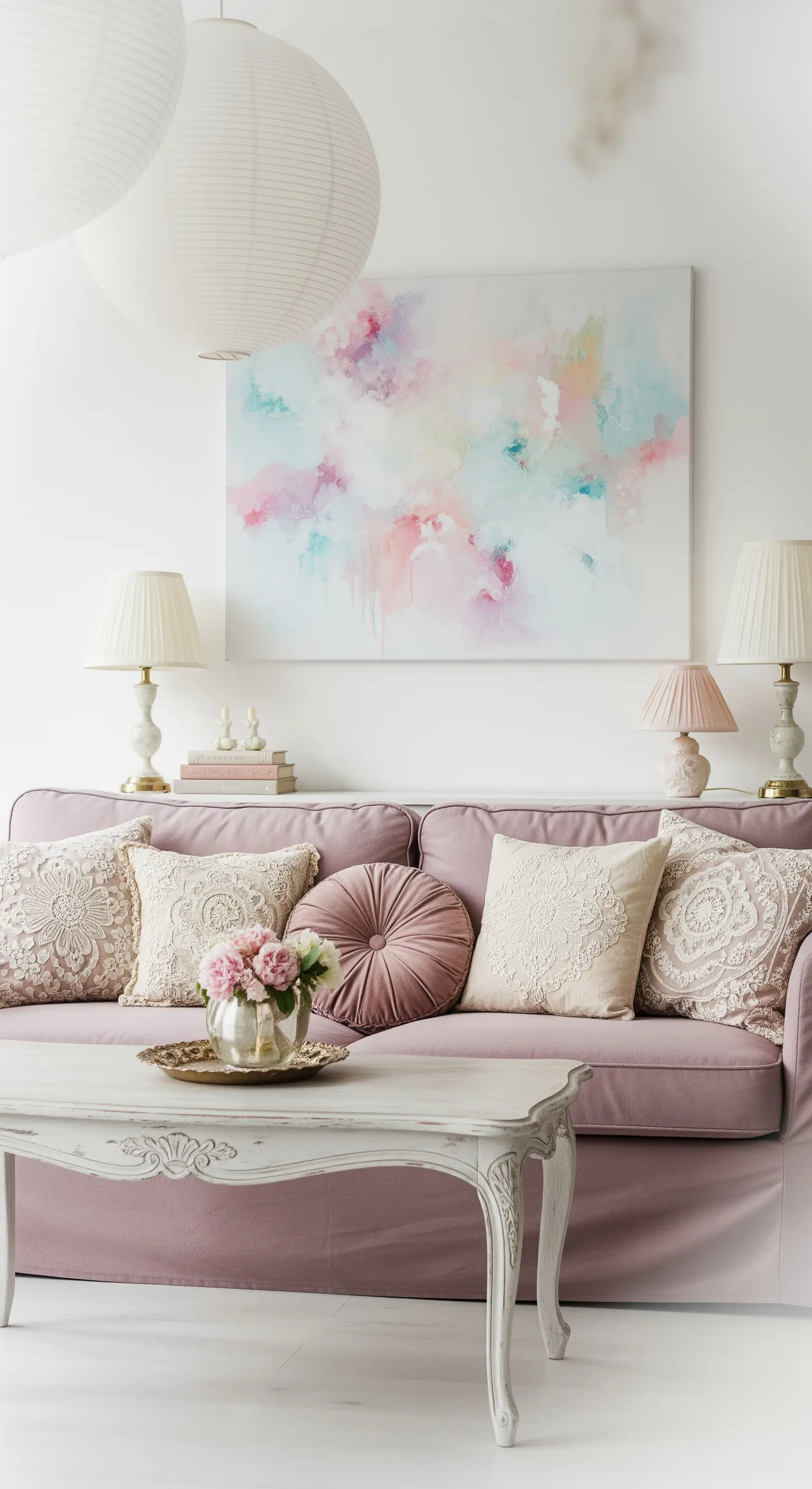 Salotto in stile Shabby Chic con divano malva, cuscini in pizzo e un tavolino bianco decapé.