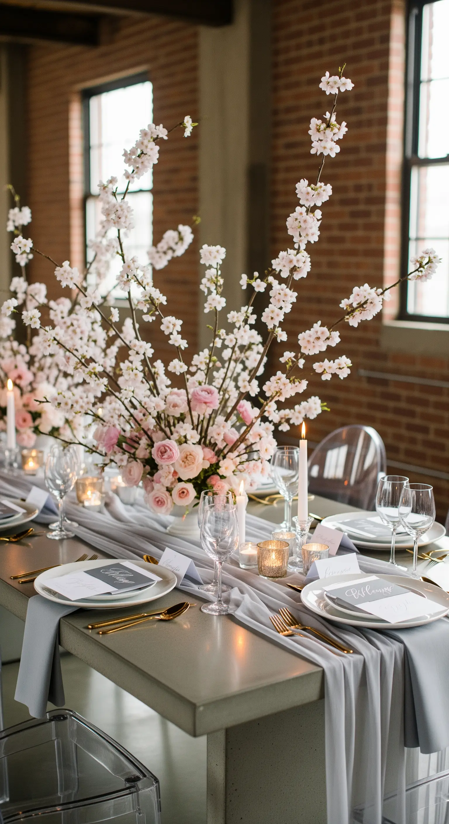 Tavola moderna con rami di ciliegio in fiore su un tavolo di cemento in un loft.