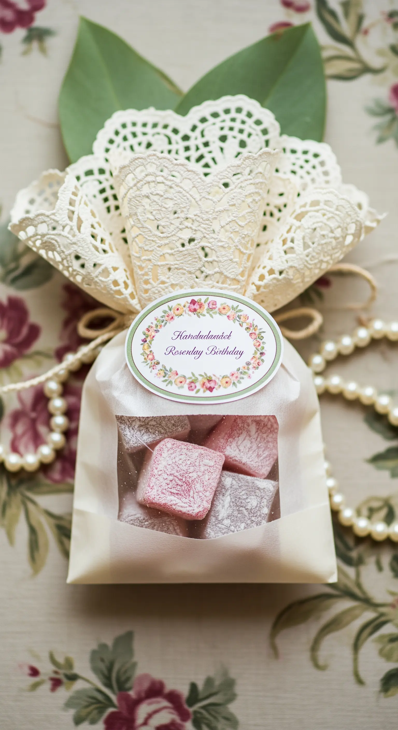 Sacchetto di carta con finestra, decorato con un centrino di pizzo e riempito di lokum.