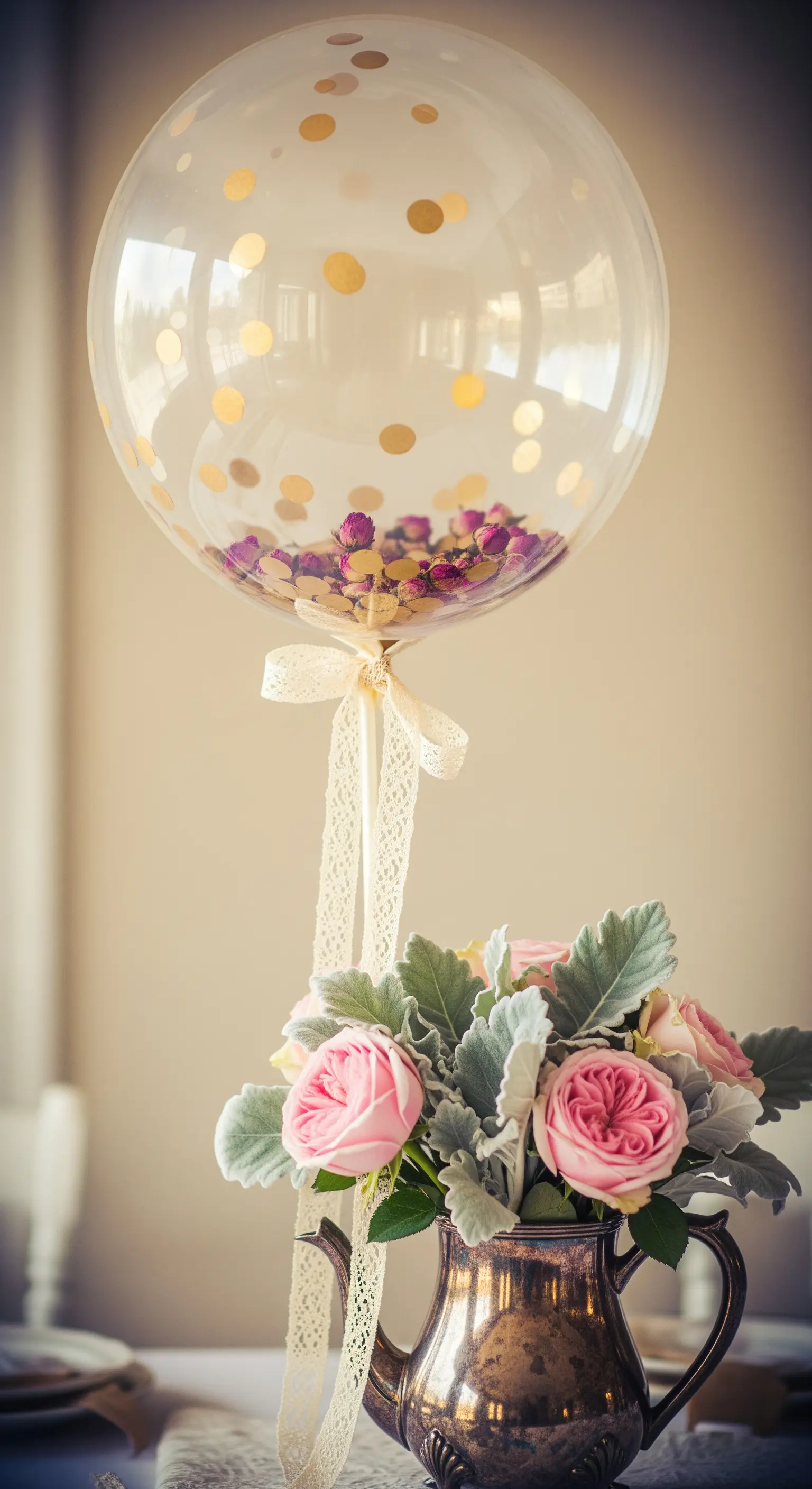 Centrotavola vintage con rose rosa in una teiera d'argento e palloncino con petali secchi.