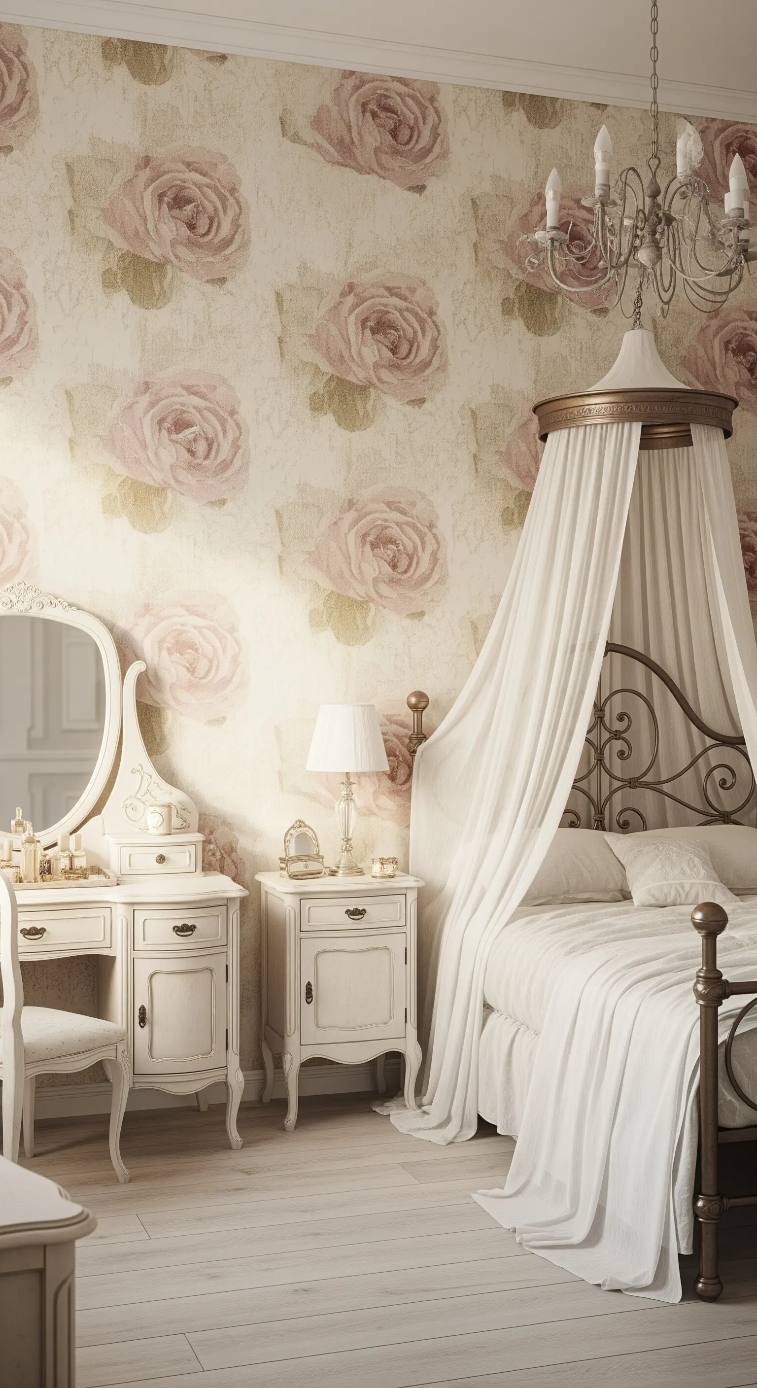 Camera da letto vintage con carta da parati a rose rosa e letto a baldacchino in ferro.