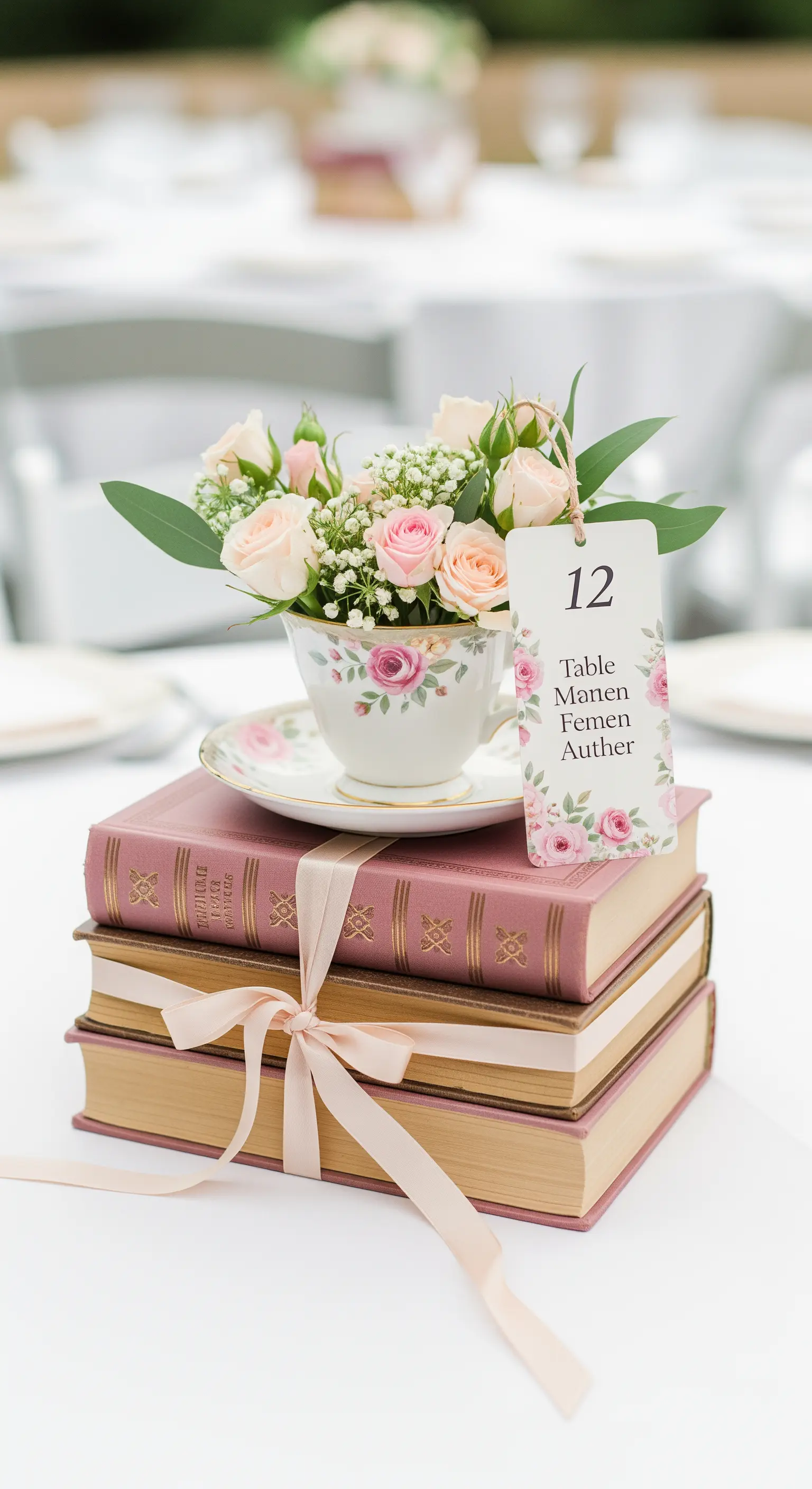 Centrotavola con pila di libri rosa, tazza da tè con fiori e segnalibro con numero del tavolo.