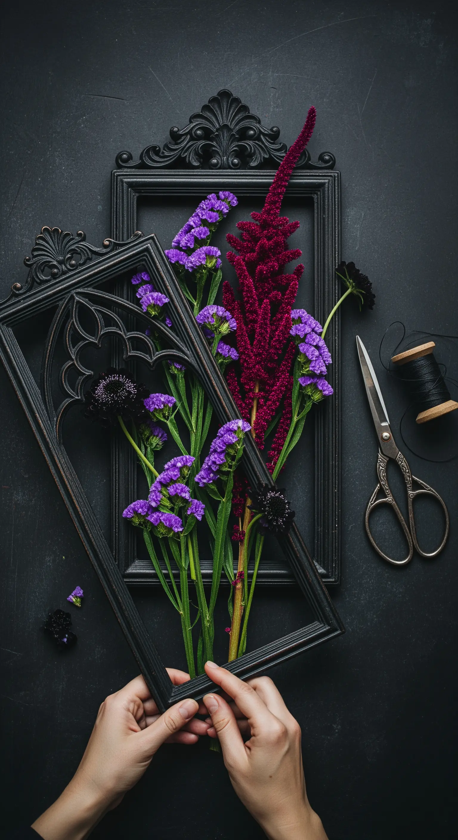 Fiori viola e rossi inseriti in una cornice nera in stile gotico.