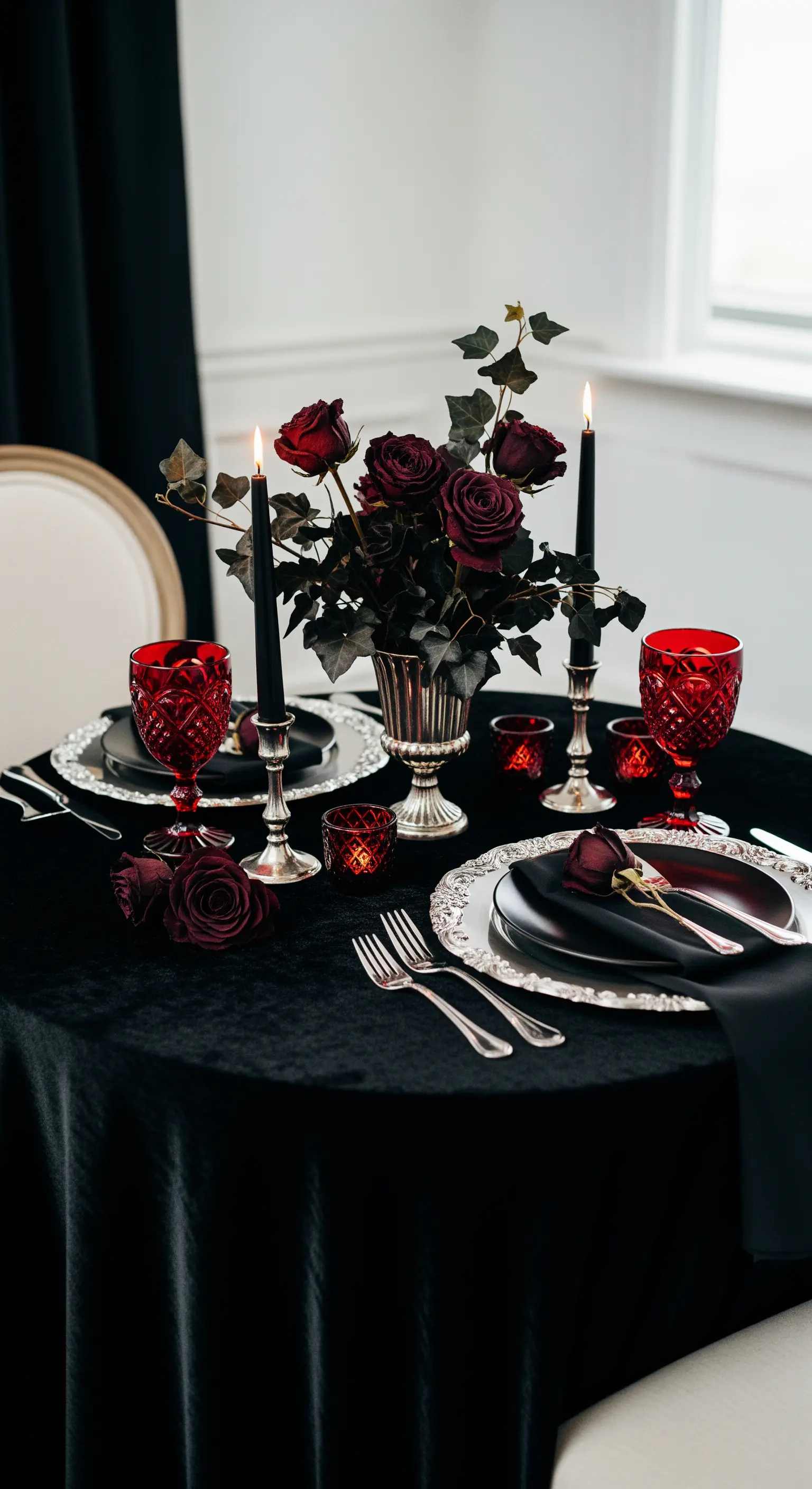 Tavola rotonda con tovaglia in velluto nero, bicchieri rossi e candele nere.