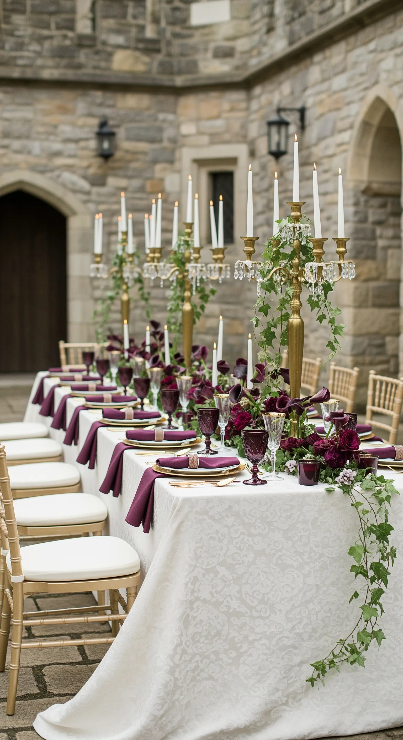 Tavola da matrimonio in un castello con fiori bordeaux, edera e calici viola.