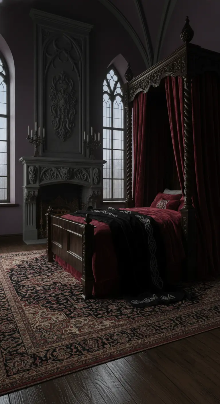 Camera da letto gotica con letto a baldacchino, tende di velluto rosso e camino in pietra.